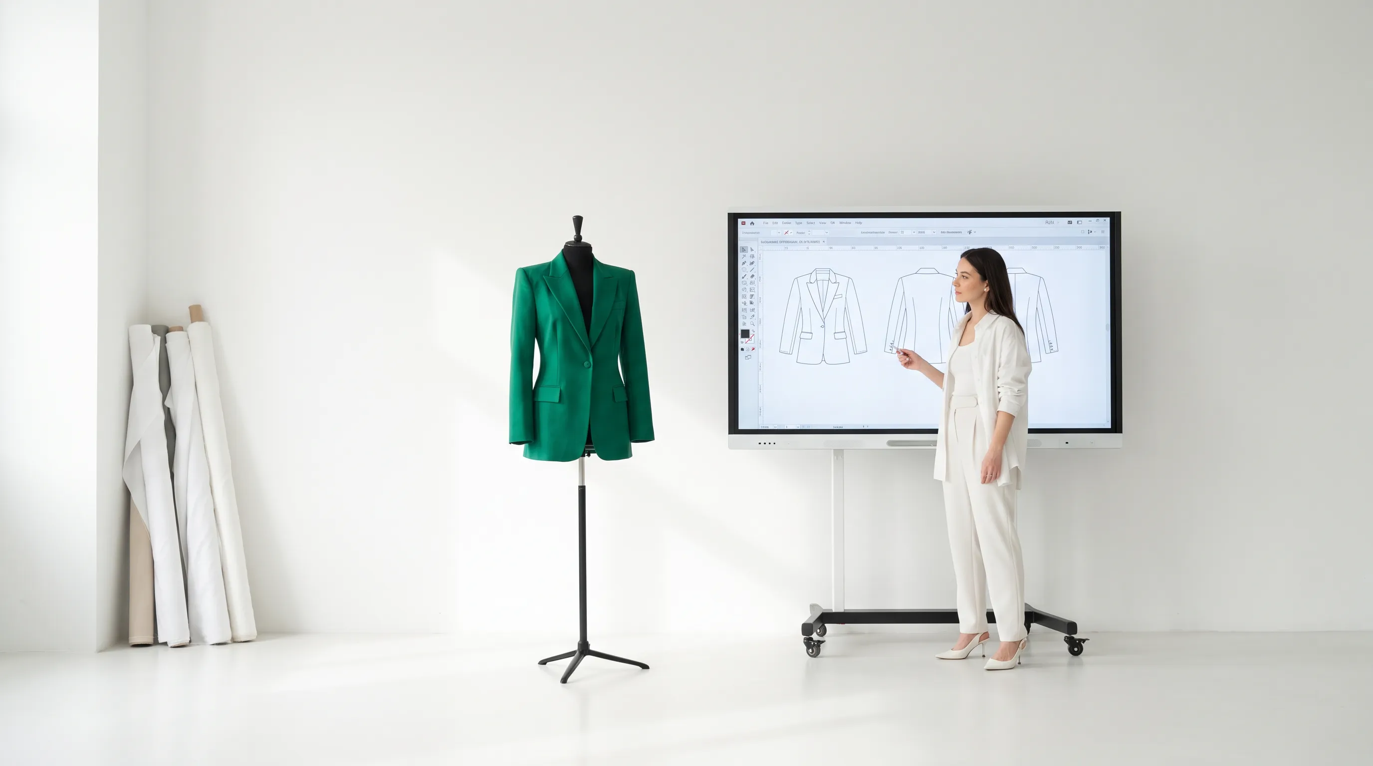 Editorial studio scene of a production lead reviewing tech pack revisions on a large screen in an atelier, cinematic side light, garment on a dress form in soft focus behind