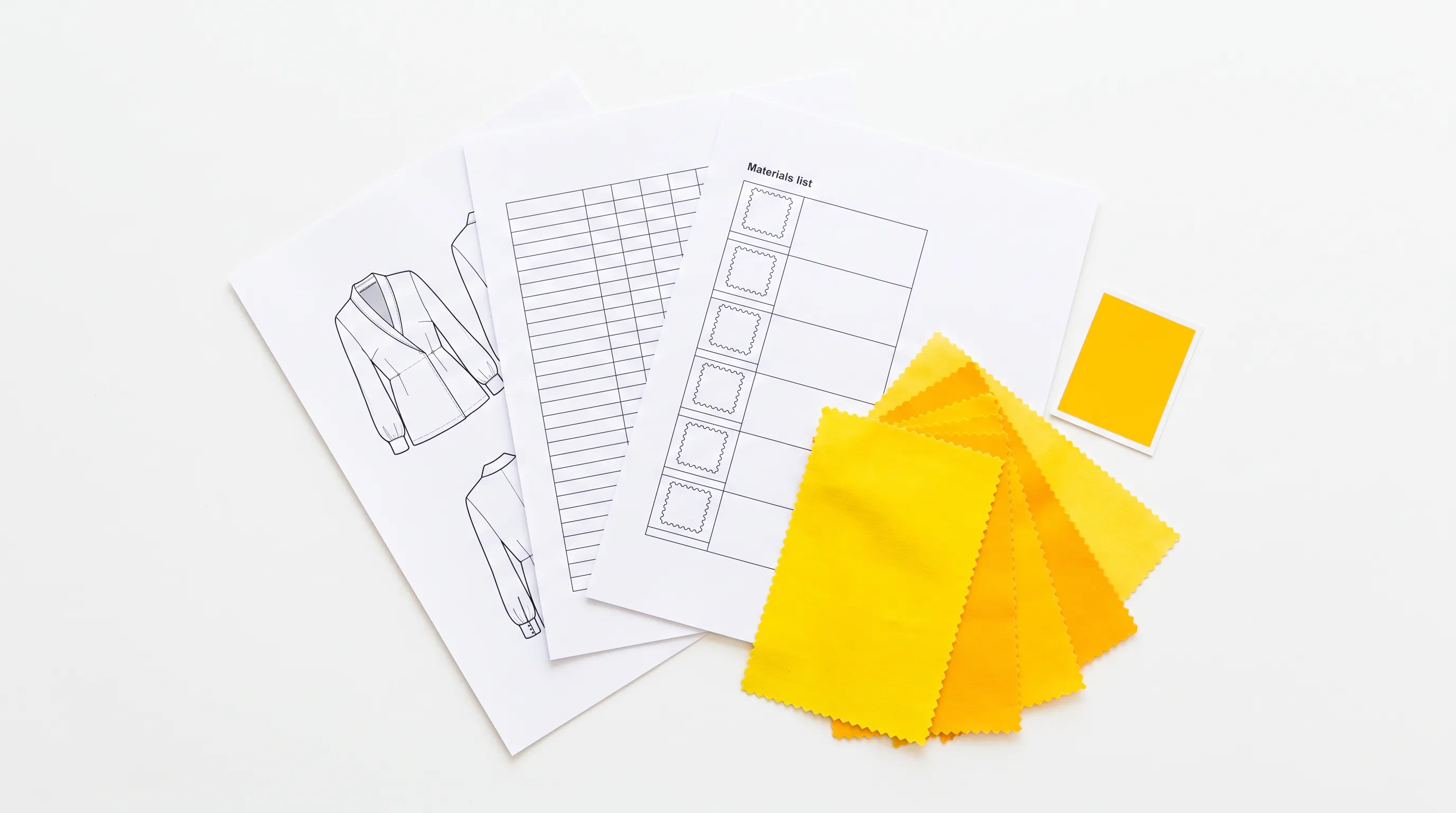 Overhead still life of a completed multi-page tech pack fanned across a bone seamless surface with fabric swatches and a Pantone chip, generous negative space, soft directional light