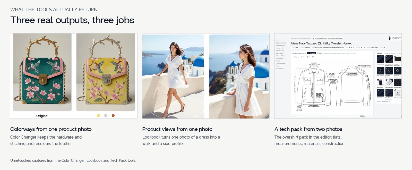 Three real Adstronaut AI outputs: a handbag recoloured into new colorways, product views of a dress generated from one photo, and the overshirt tech pack open in the editor