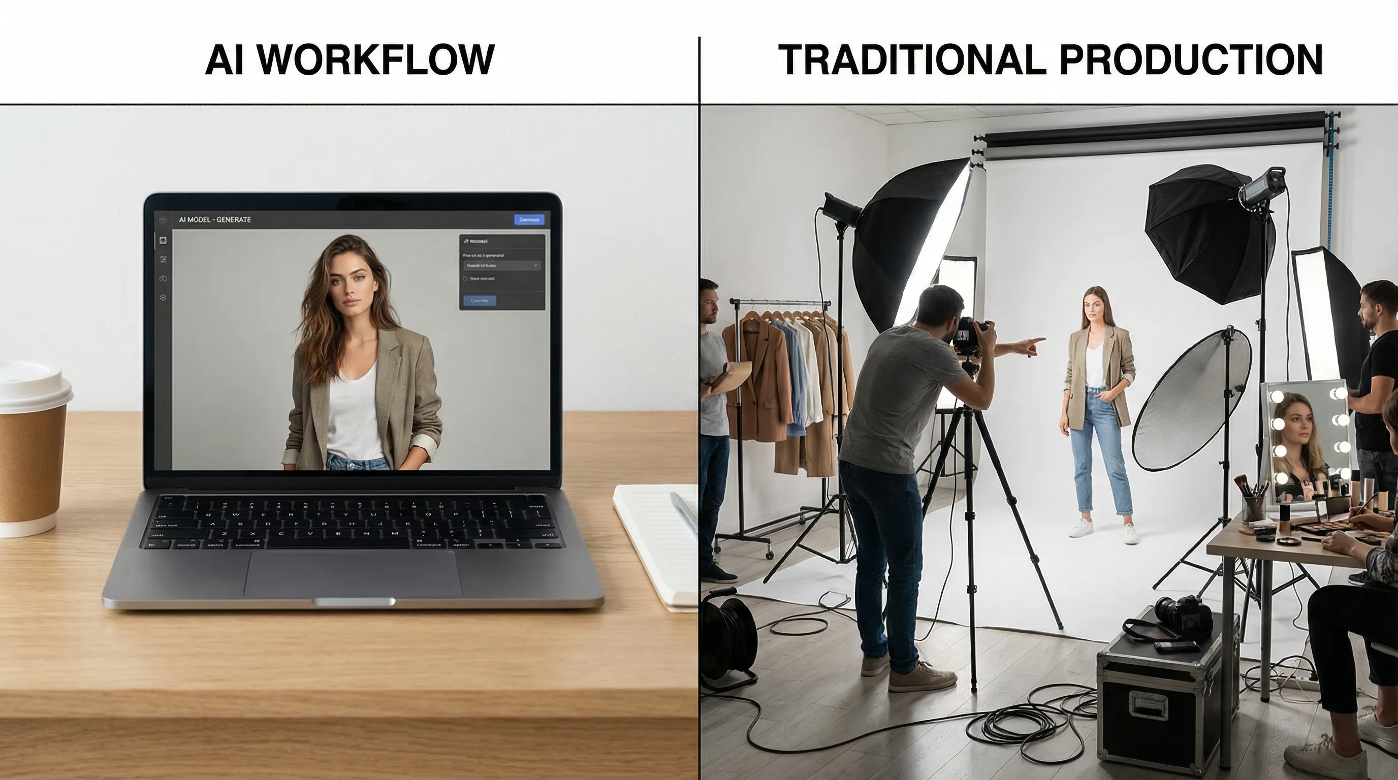 Side by side comparison of AI-generated on-model fashion photo and traditional studio photoshoot setup with crew and equipment