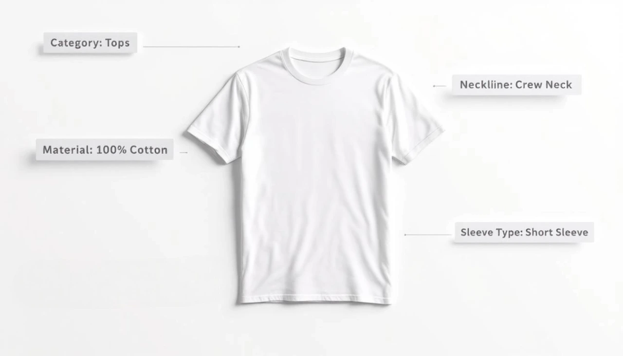 An image of a t-shirt with callouts showing the various product tags and attributes generated by Adstronaut AI, such as material and neckline.