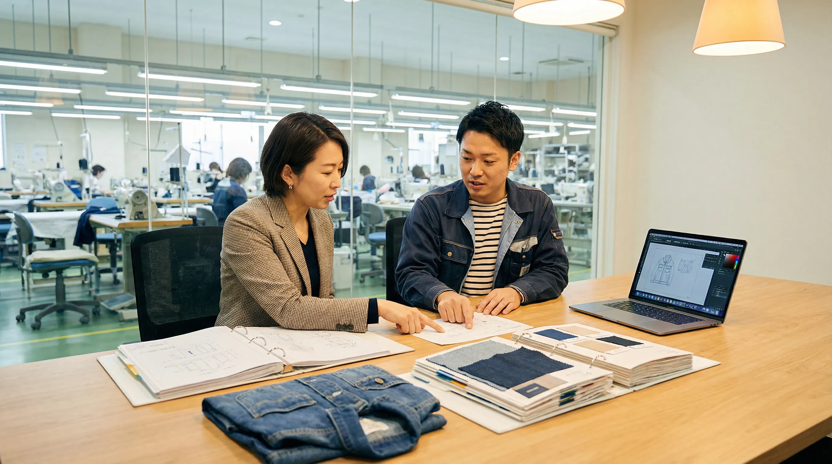 Fashion brand owner meeting with a garment manufacturer at a factory office, reviewing tech pack documents and fabric samples