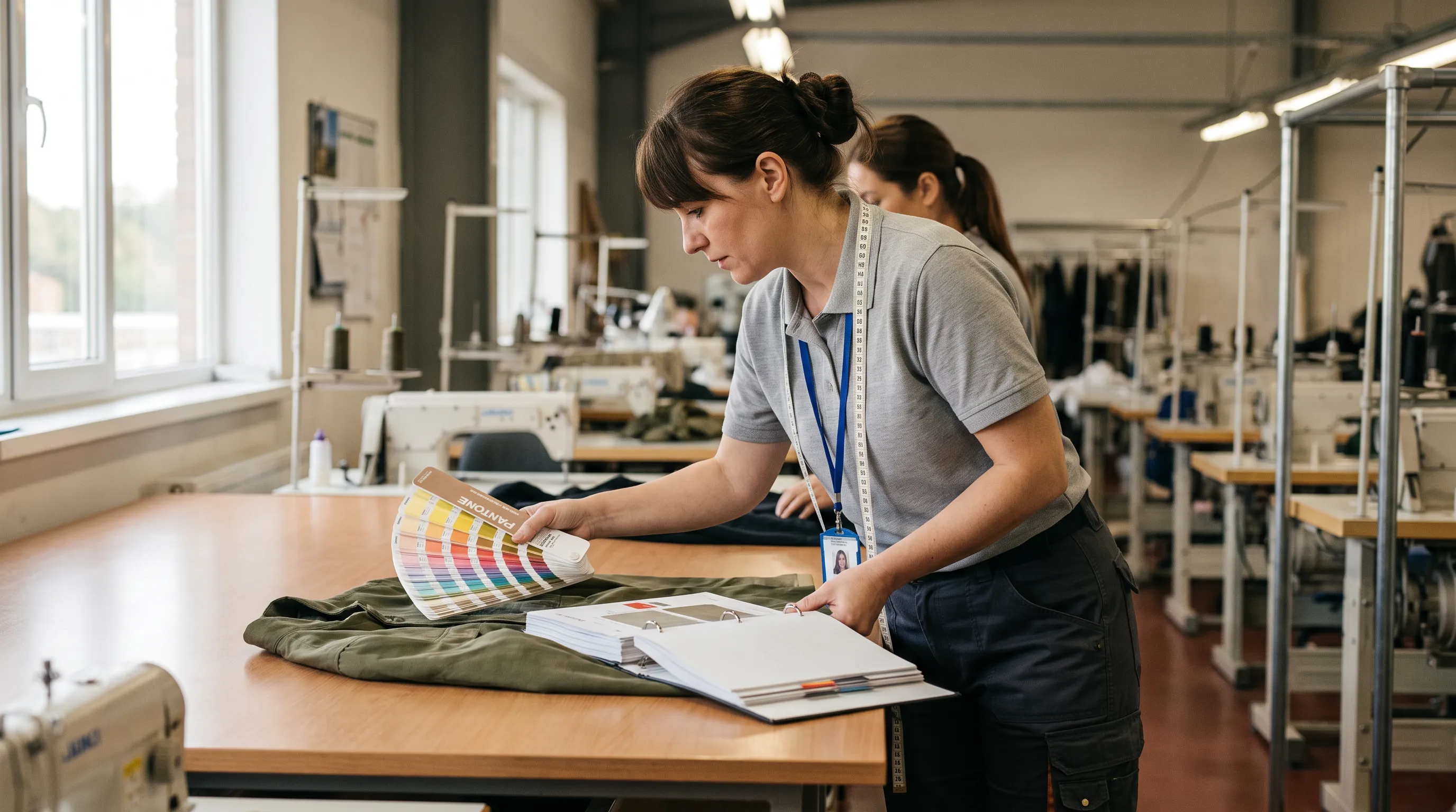 A factory quality-control merchandiser comparing a printed tech pack to a physical garment sample