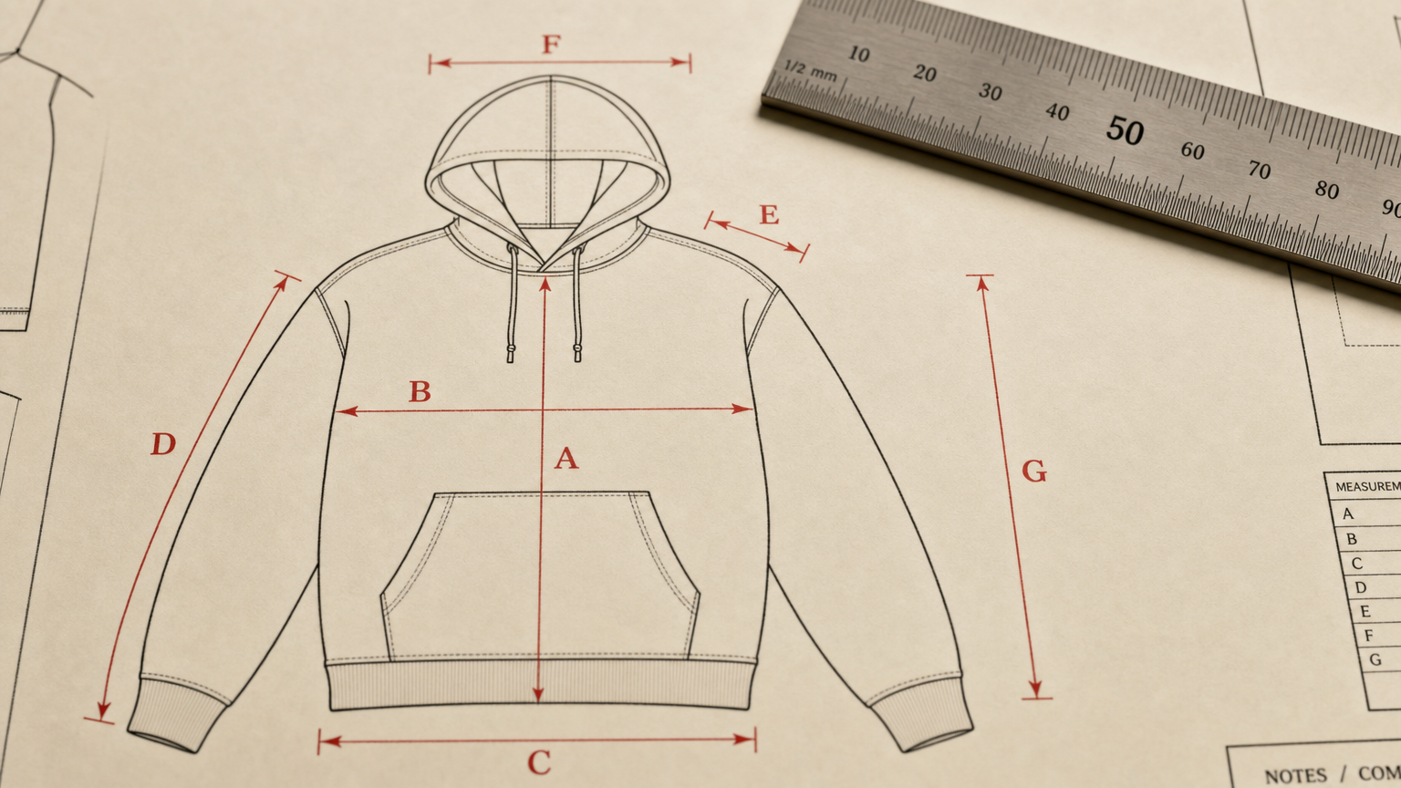 A hoodie technical flat sketch with precision measurement arrows labeled A through G