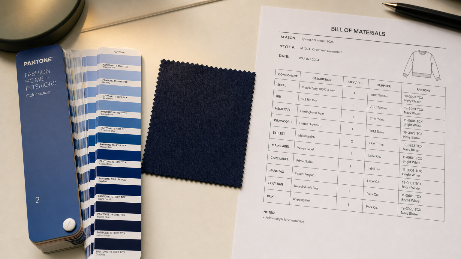 A Pantone TCX fan and navy fabric swatch beside a tech pack Bill of Materials page listing Pantone codes