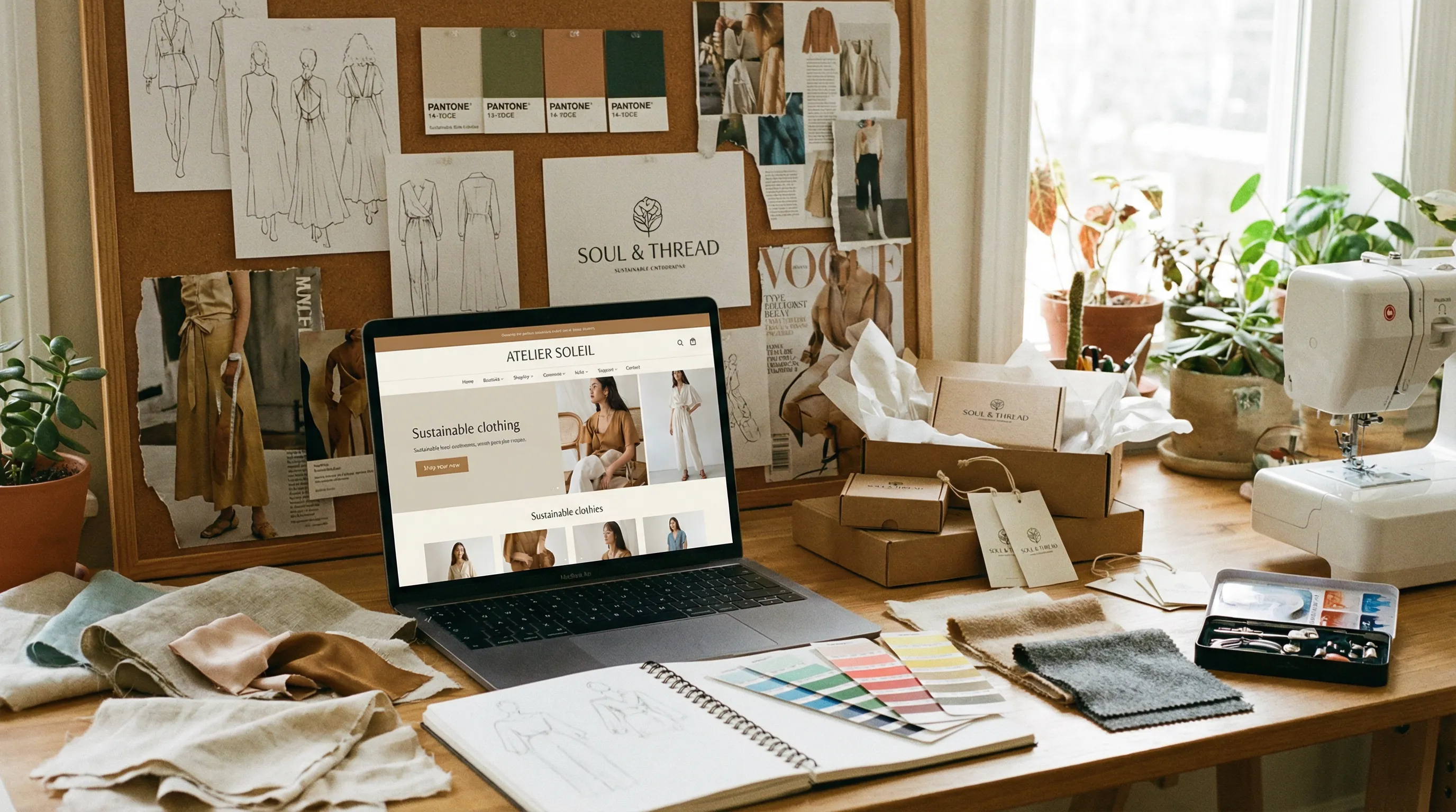 Fashion entrepreneur workspace with laptop showing online store, fabric samples, mood board with sketches, and brand packaging