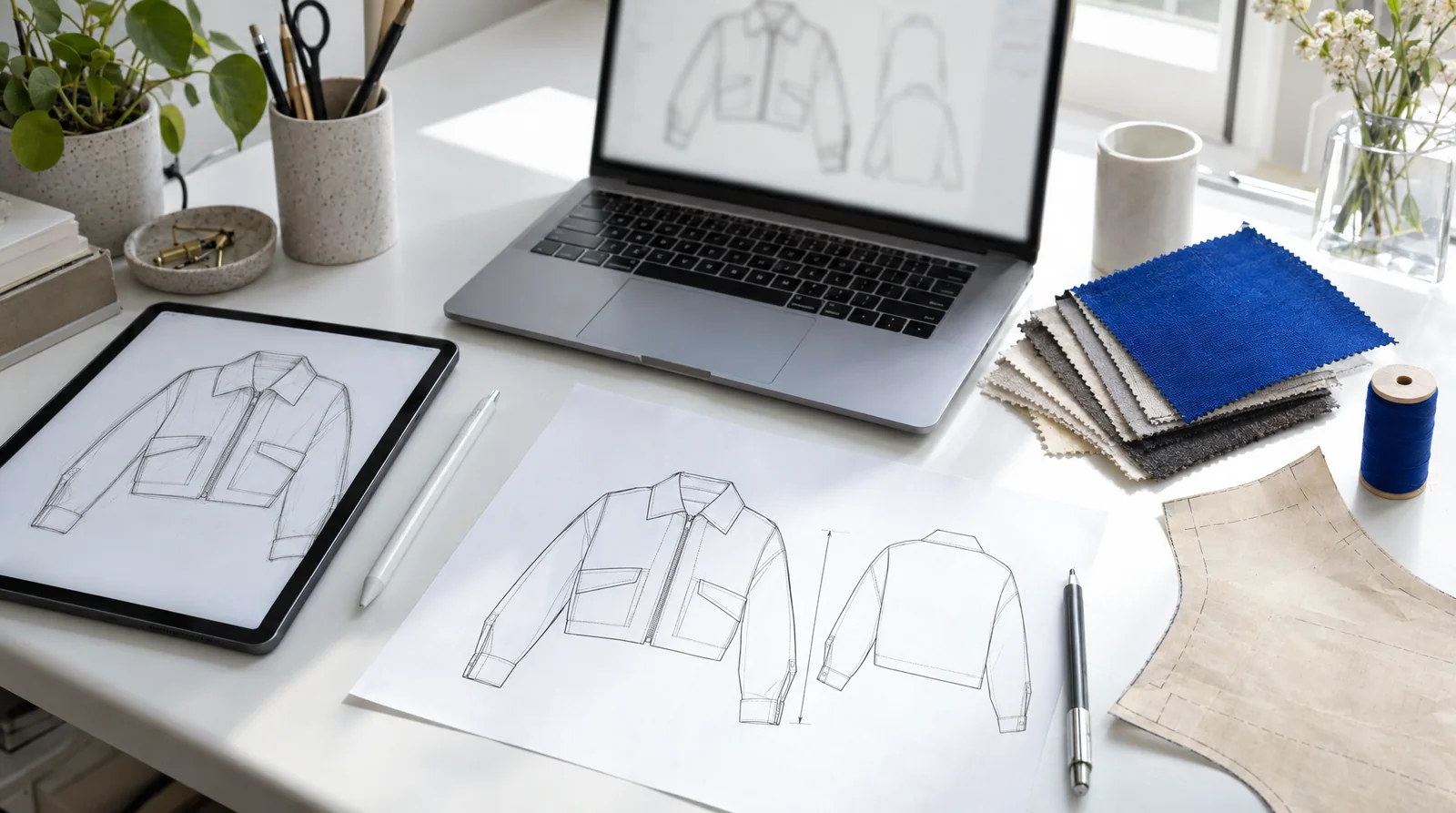 A design desk with an iPad sketch of a cropped jacket, a printed technical flat, a paper pattern piece and cobalt fabric swatches