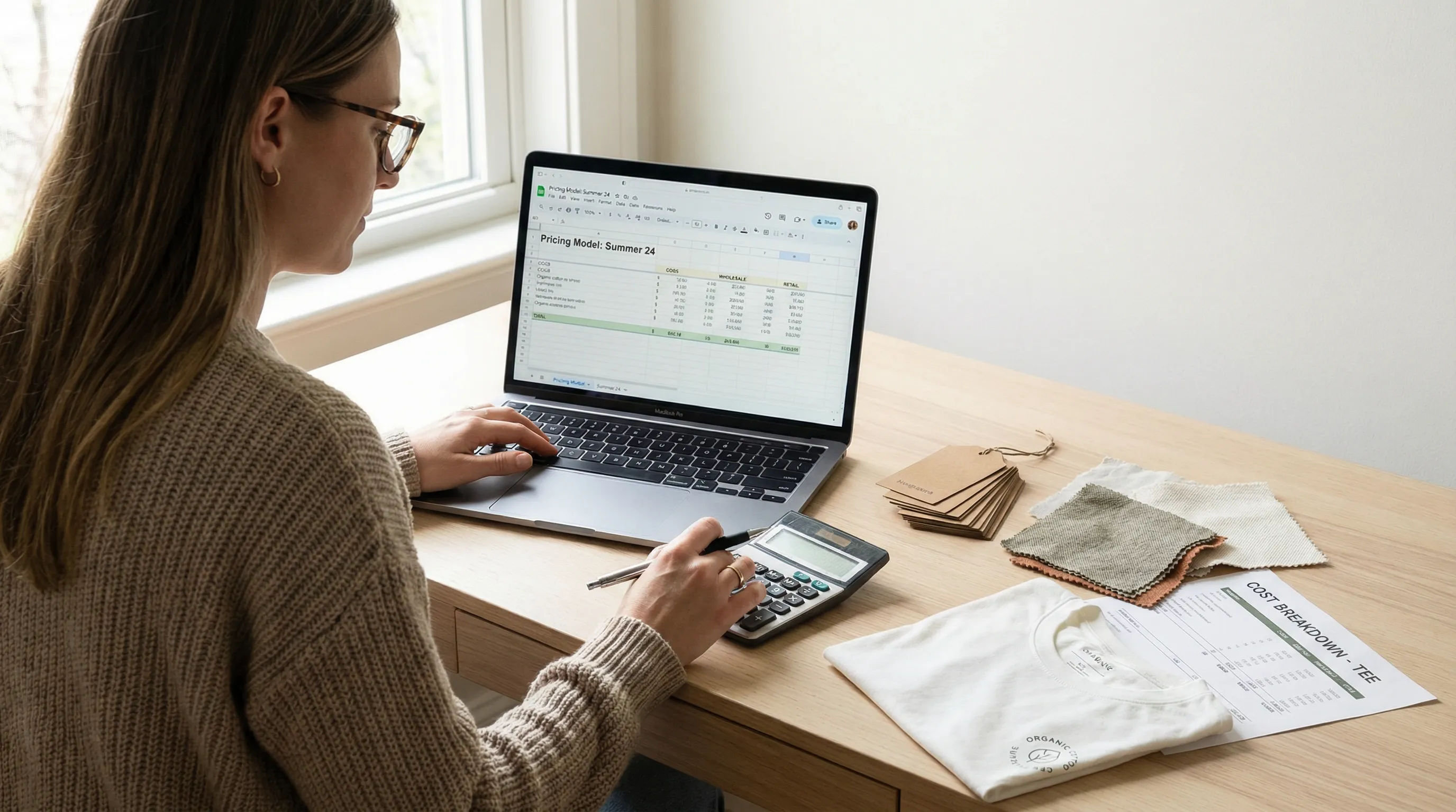 Fashion entrepreneur calculating clothing line pricing with a calculator, COGS spreadsheet, fabric swatches, and garment samples on desk