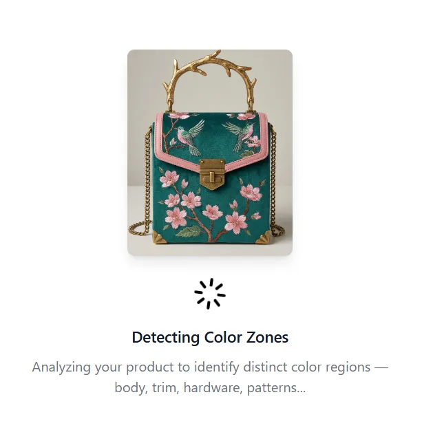 AI analyzing an embroidered handbag to detect distinct color regions including body, trim, hardware, and embroidery