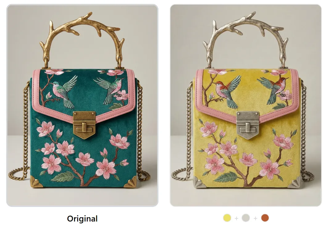 Before and after of AI-recolored embroidered handbag showing teal original transformed to yellow with silver hardware and rust accents