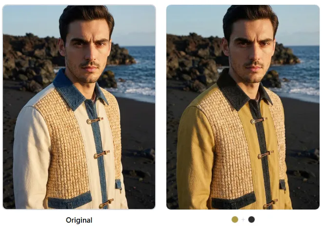 Detailed before-after of AI-recolored jacket showing fabric texture preservation in the new olive and black colorway