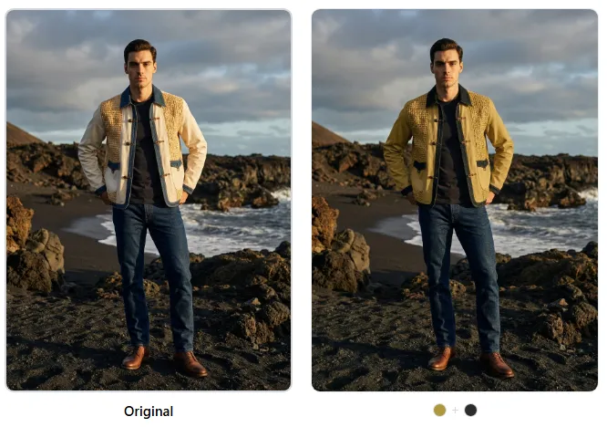 Before and after comparison of AI-recolored jacket showing original cream and denim jacket transformed to golden olive and black colorway