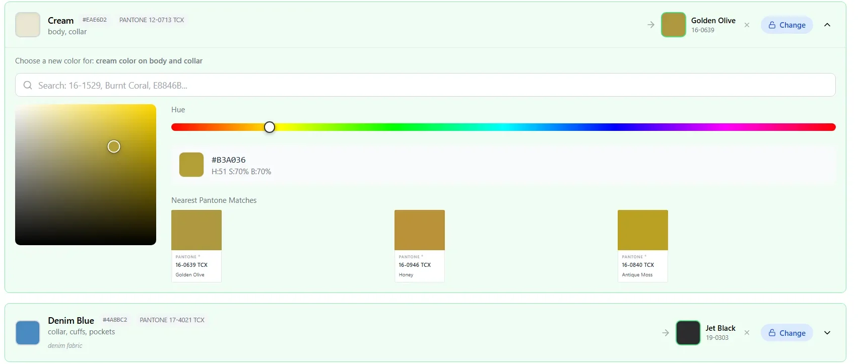 The Pantone picker inside the Adstronaut AI Color Changer, with a search box, a hue picker and the nearest TCX matches for a chosen colour