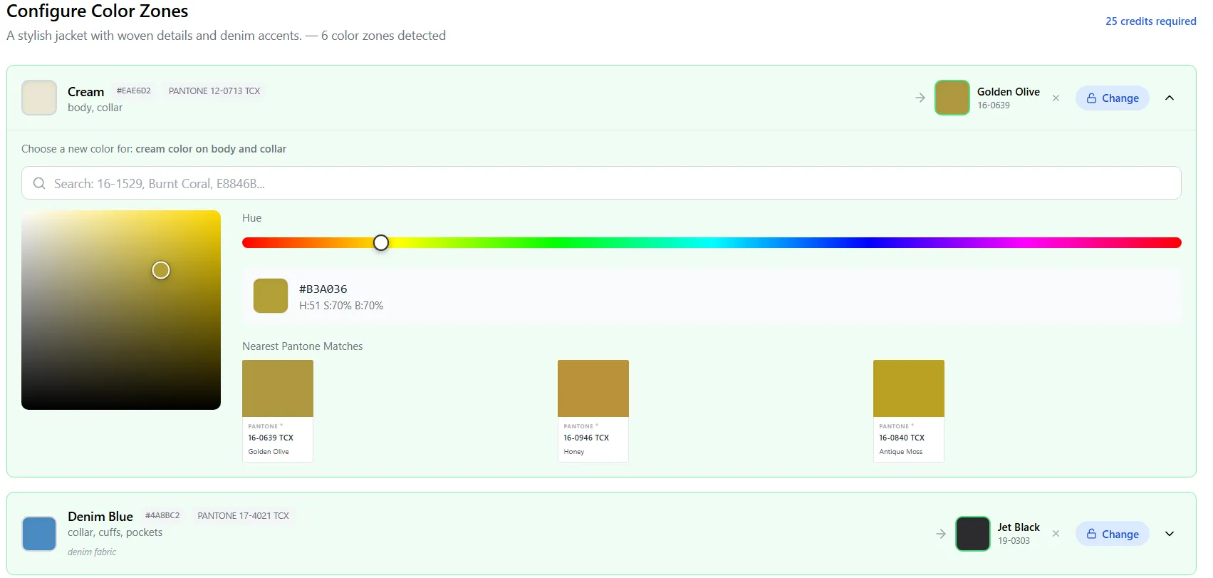 Color zone configuration with HSV color picker, Pantone matching showing Golden Olive 16-0639 TCX, and Jet Black denim replacement