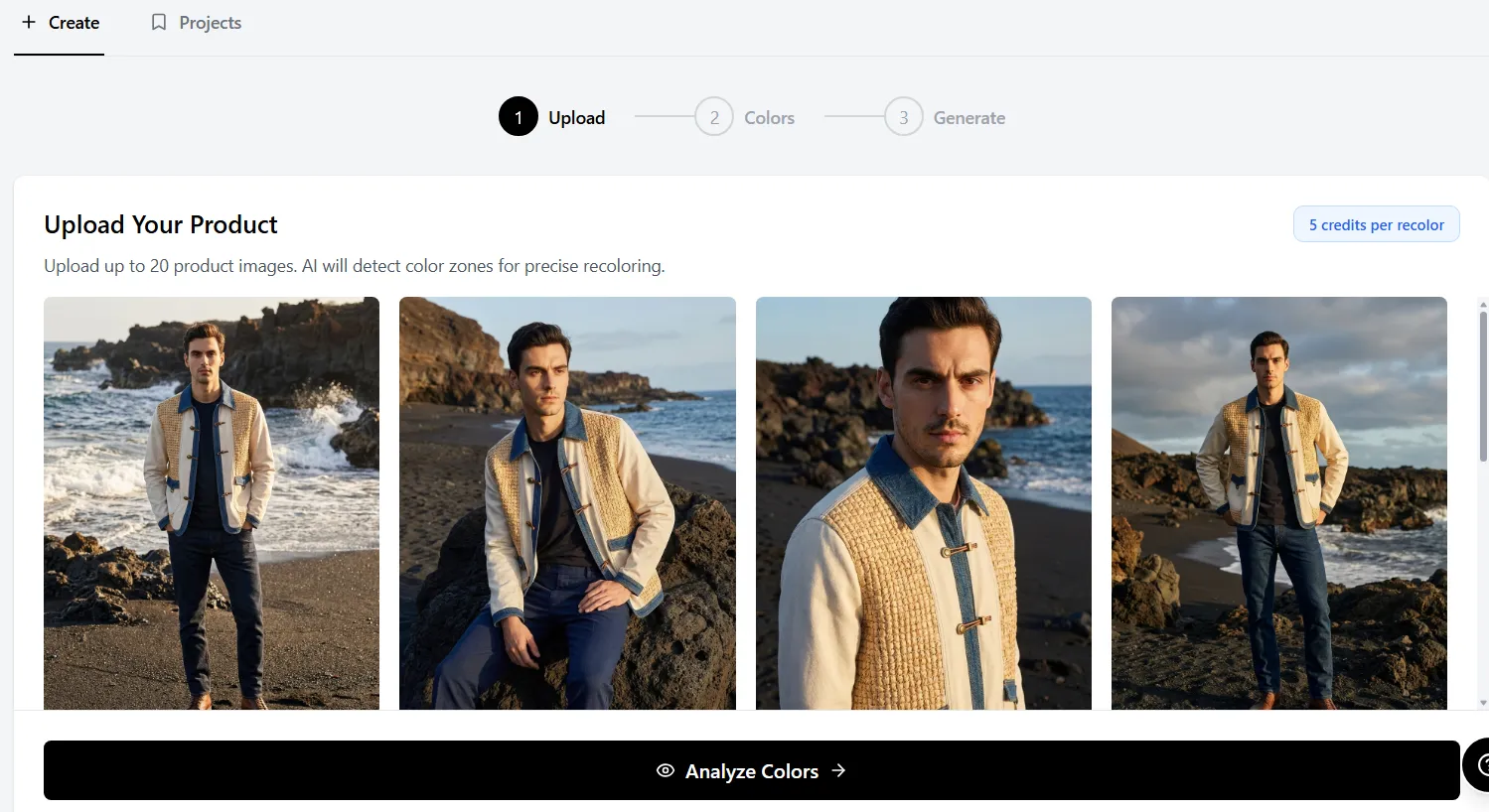 Adstronaut AI color changer upload interface showing four product images of a jacket ready for AI color zone analysis