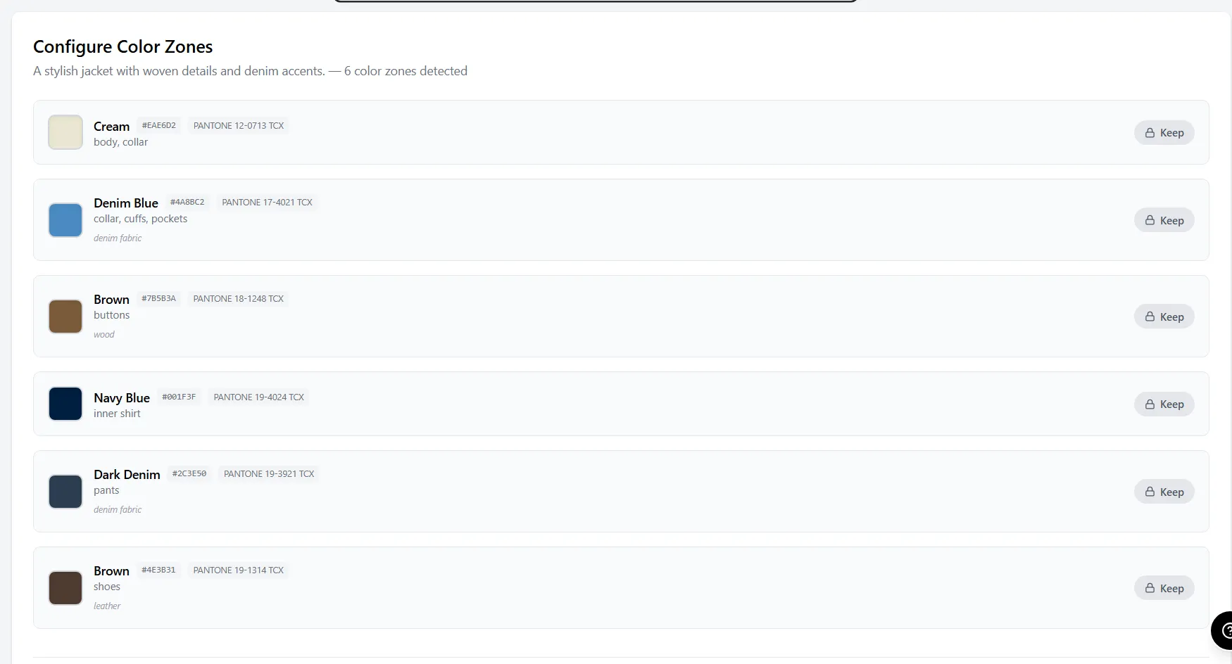 AI-detected color zones for a jacket showing 6 zones: cream body, denim blue collar, brown buttons, navy inner shirt, dark denim pants, brown shoes