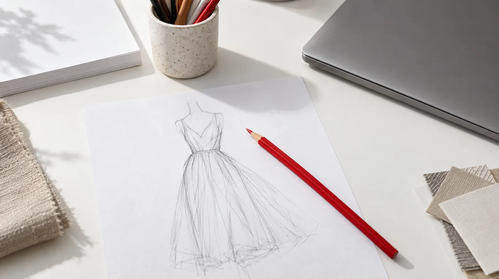 A designer's desk with a hand-drawn dress sketch, a red pencil across it and a closed laptop