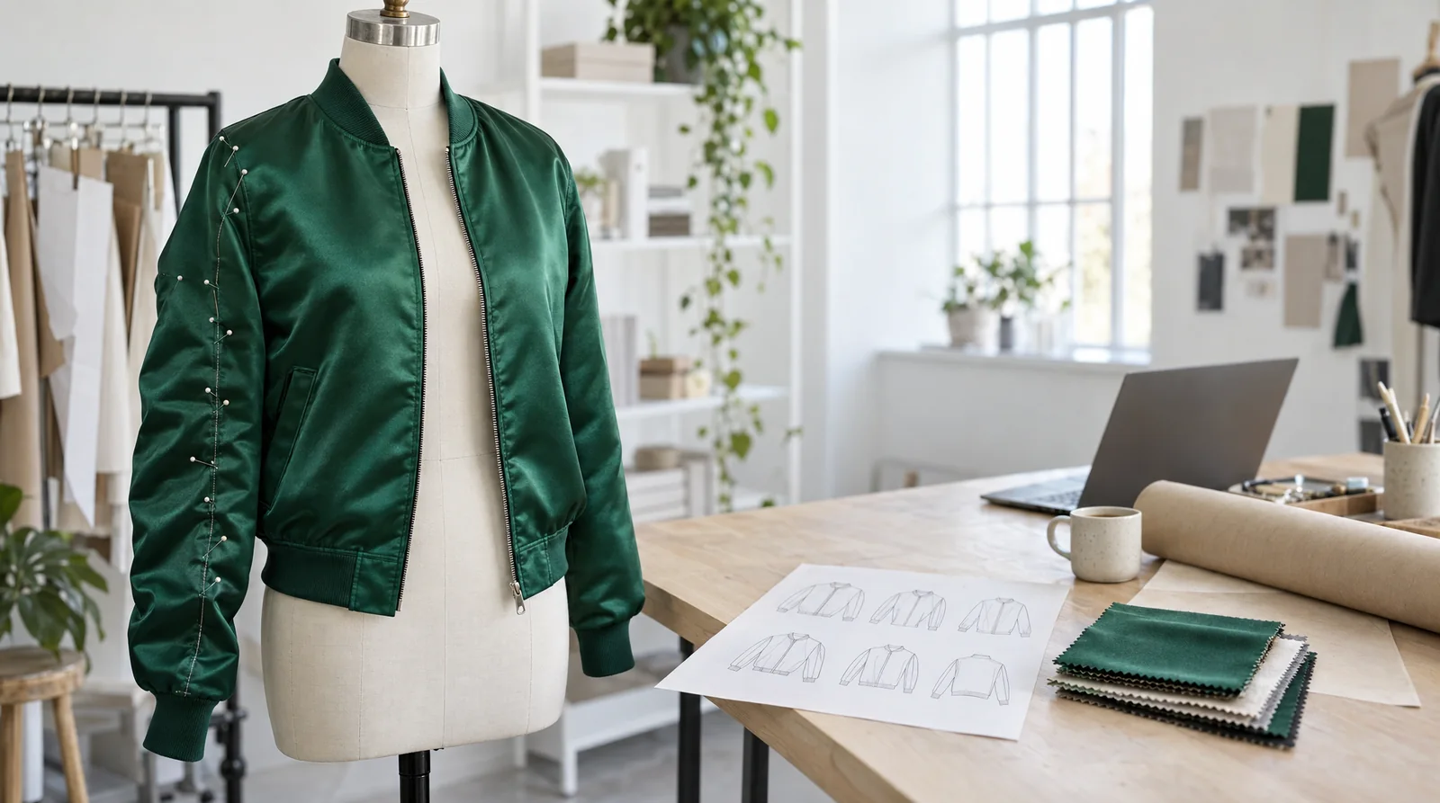 A dress form wearing a half-pinned emerald bomber jacket in a small brand's design studio, with sketches and fabric swatches on the worktable