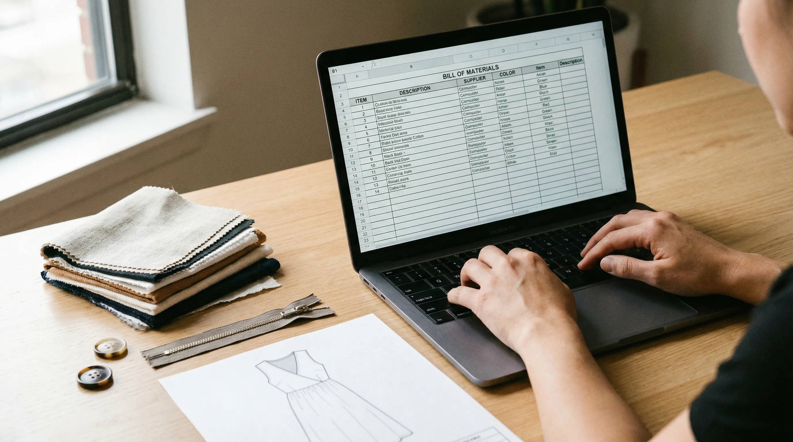 Fashion designer entering bill of materials data on a laptop with physical garment components and fabric swatches on the desk