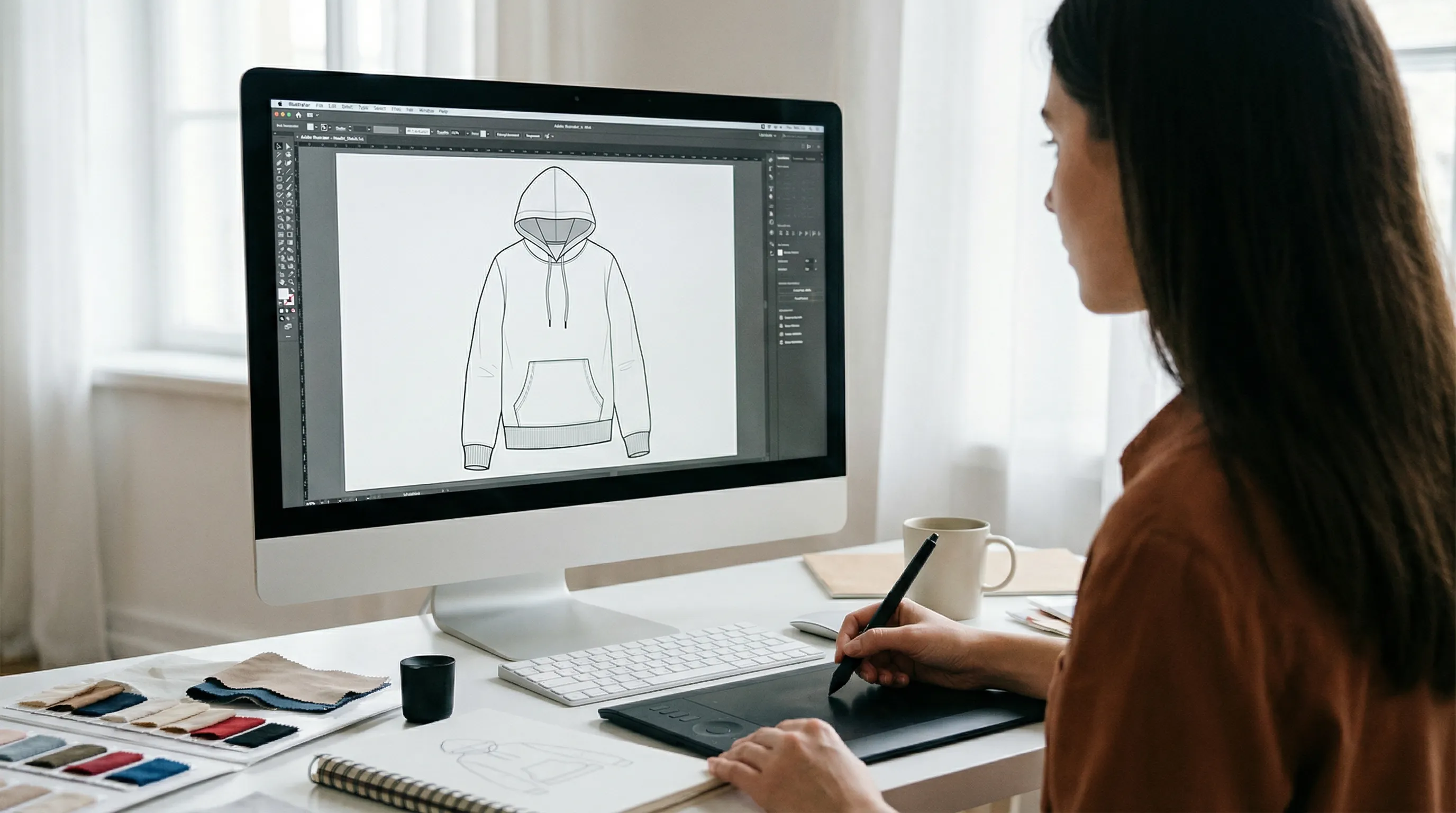 Fashion designer creating a technical flat sketch on a computer using Adobe Illustrator with pen tool drawing garment outlines