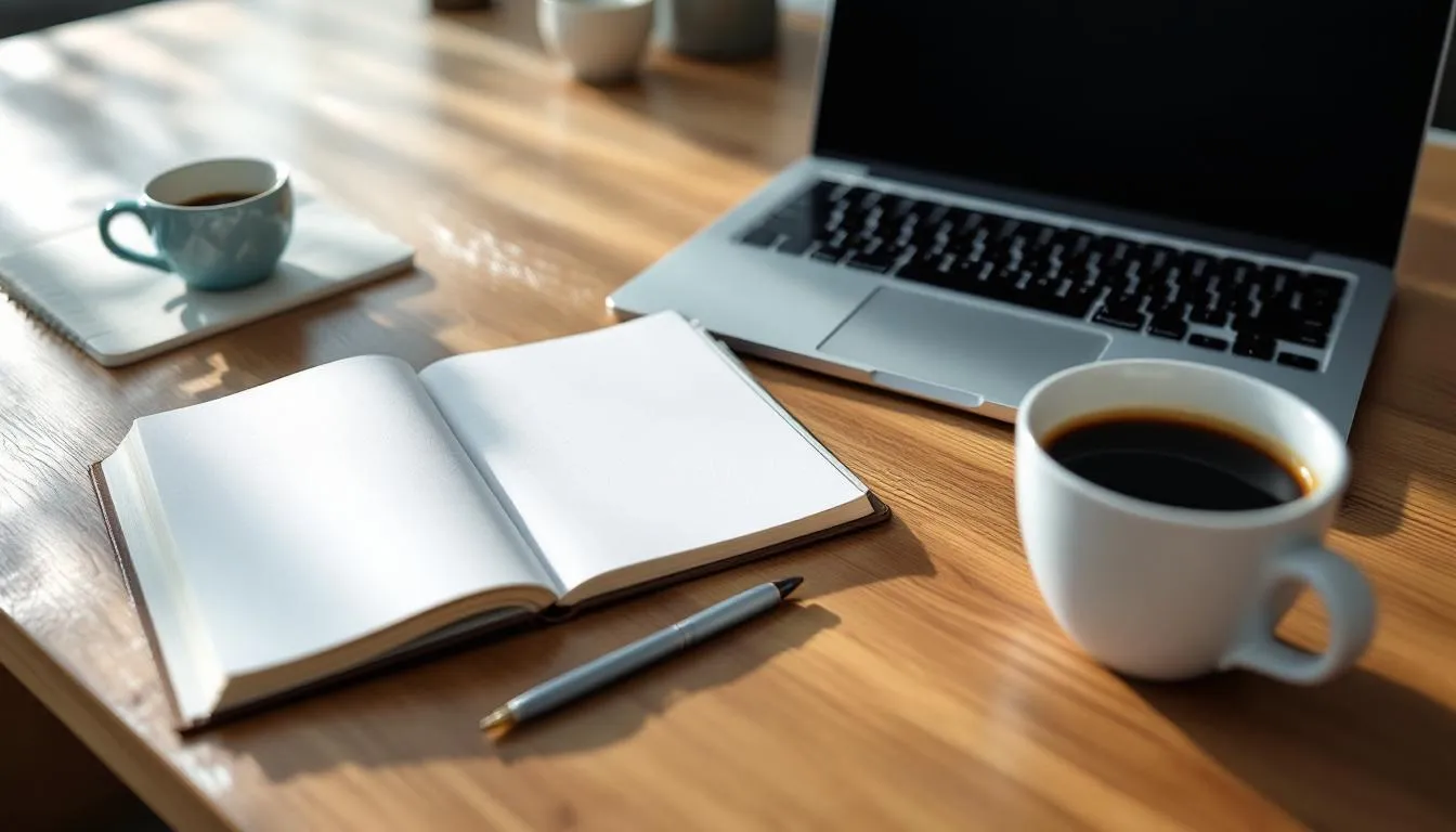 A clean and organized desk with a sketchbook, symbolizing the creative freedom gained by using Adstronaut AI