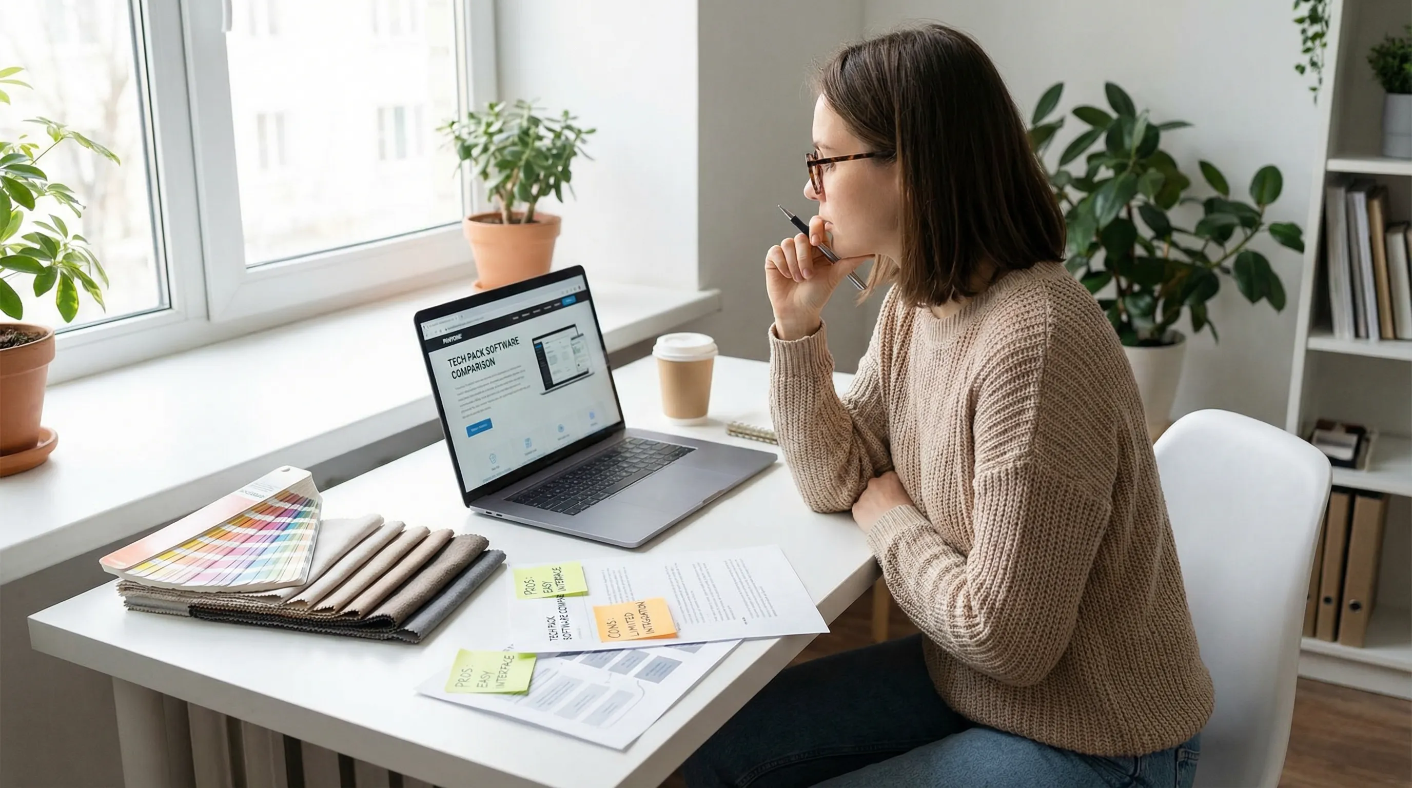 Fashion designer at a desk evaluating different tech pack software options on a laptop with printed tech packs and notes