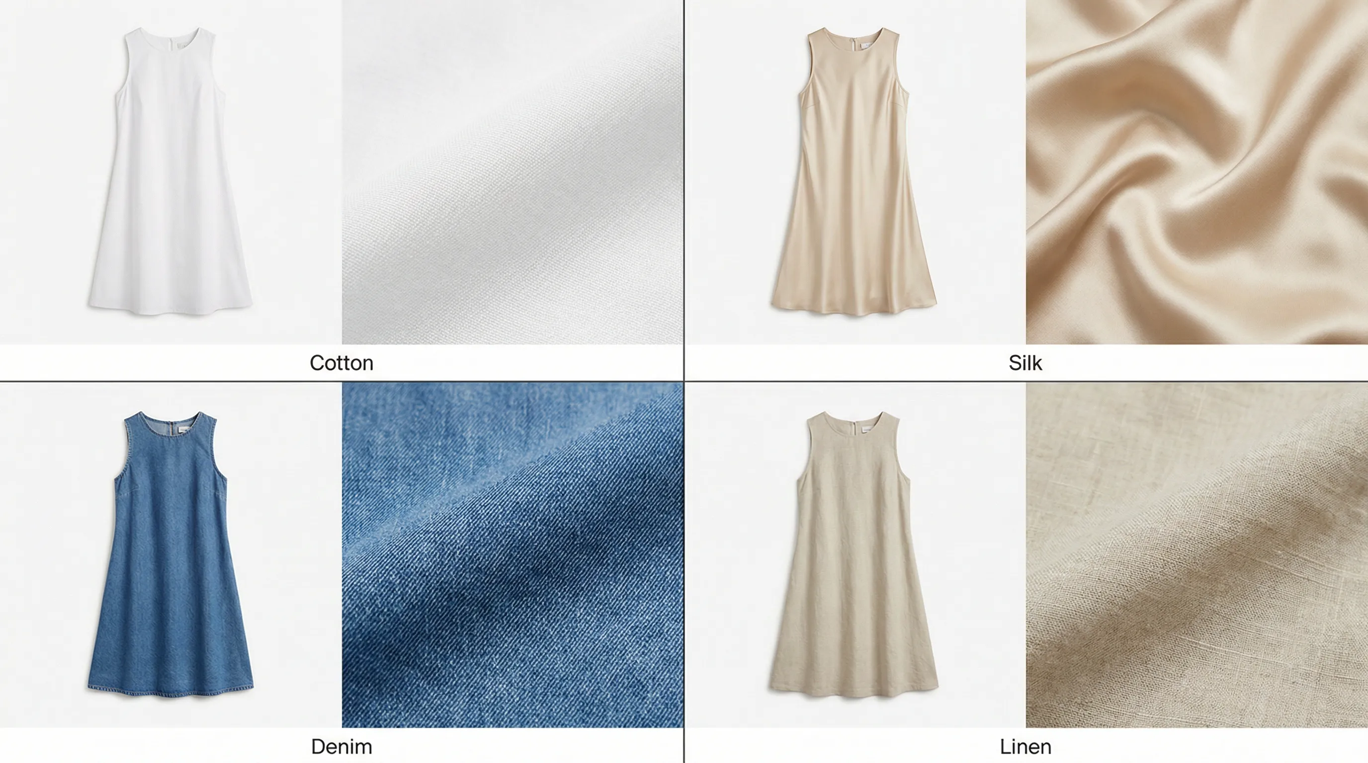 Digital fabric swapping interface showing the same dress design rendered in four different fabrics: cotton, silk, denim, and linen