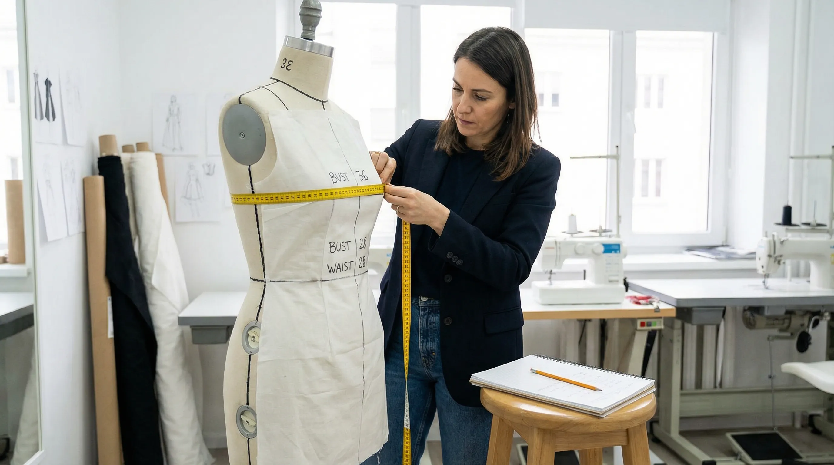 Fashion designer fitting a muslin garment on an adjustable dress form with measurement annotations and measuring tape