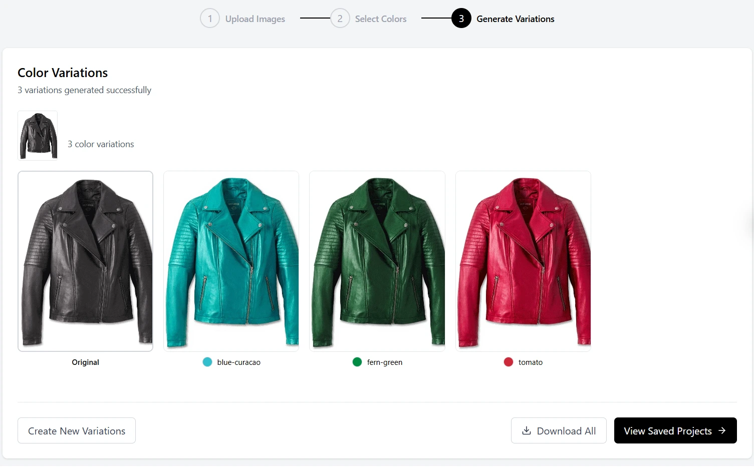 A gallery showcasing a single dress in eight different photorealistic colorways generated by the AI Color Changer.