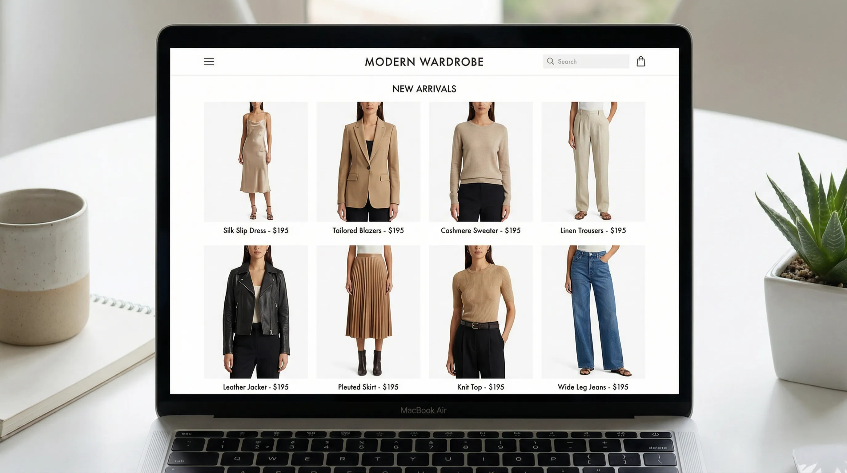 E-commerce product grid showing multiple AI-generated on-model clothing images with consistent lighting and backgrounds