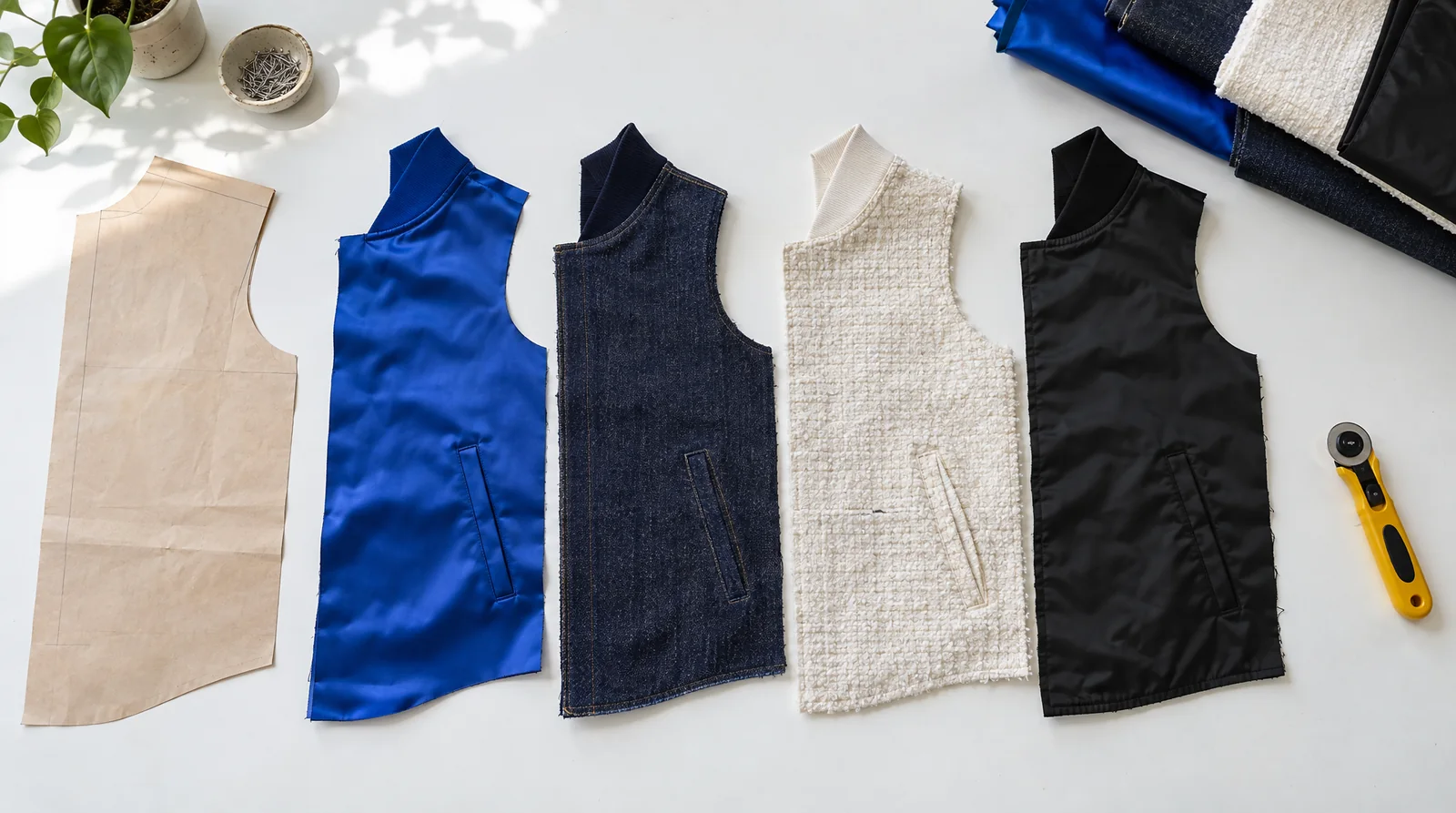 Four identical bomber-jacket front panels cut in satin, denim, bouclé and nylon laid in a row on a cutting table