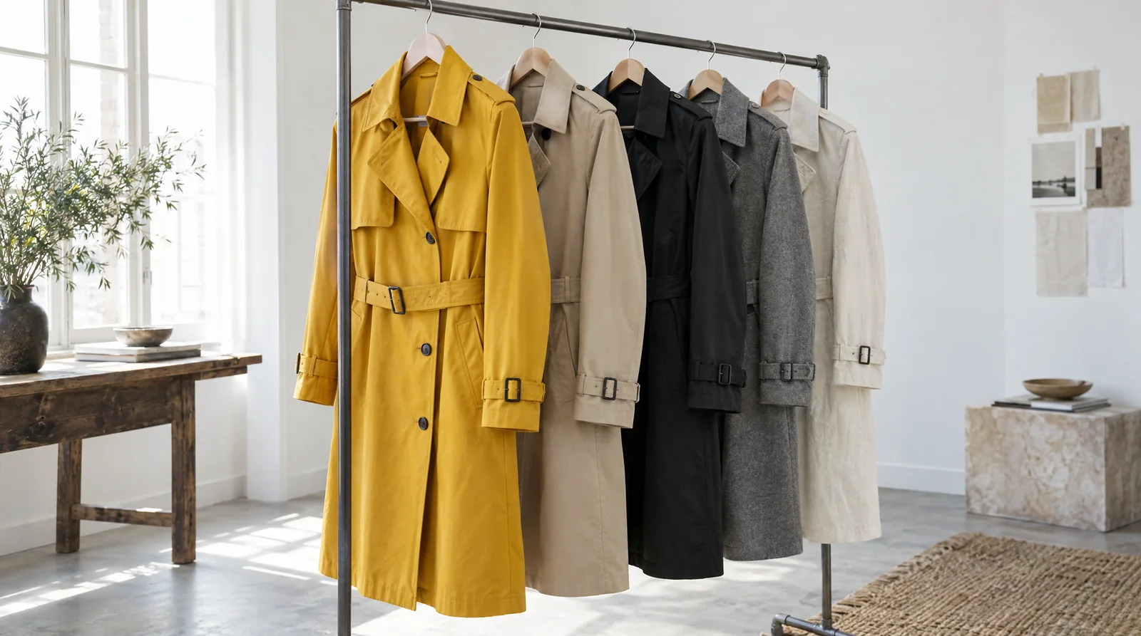 Five identical trench coats on a sample rail, each in a different cloth, a mustard gabardine at the front