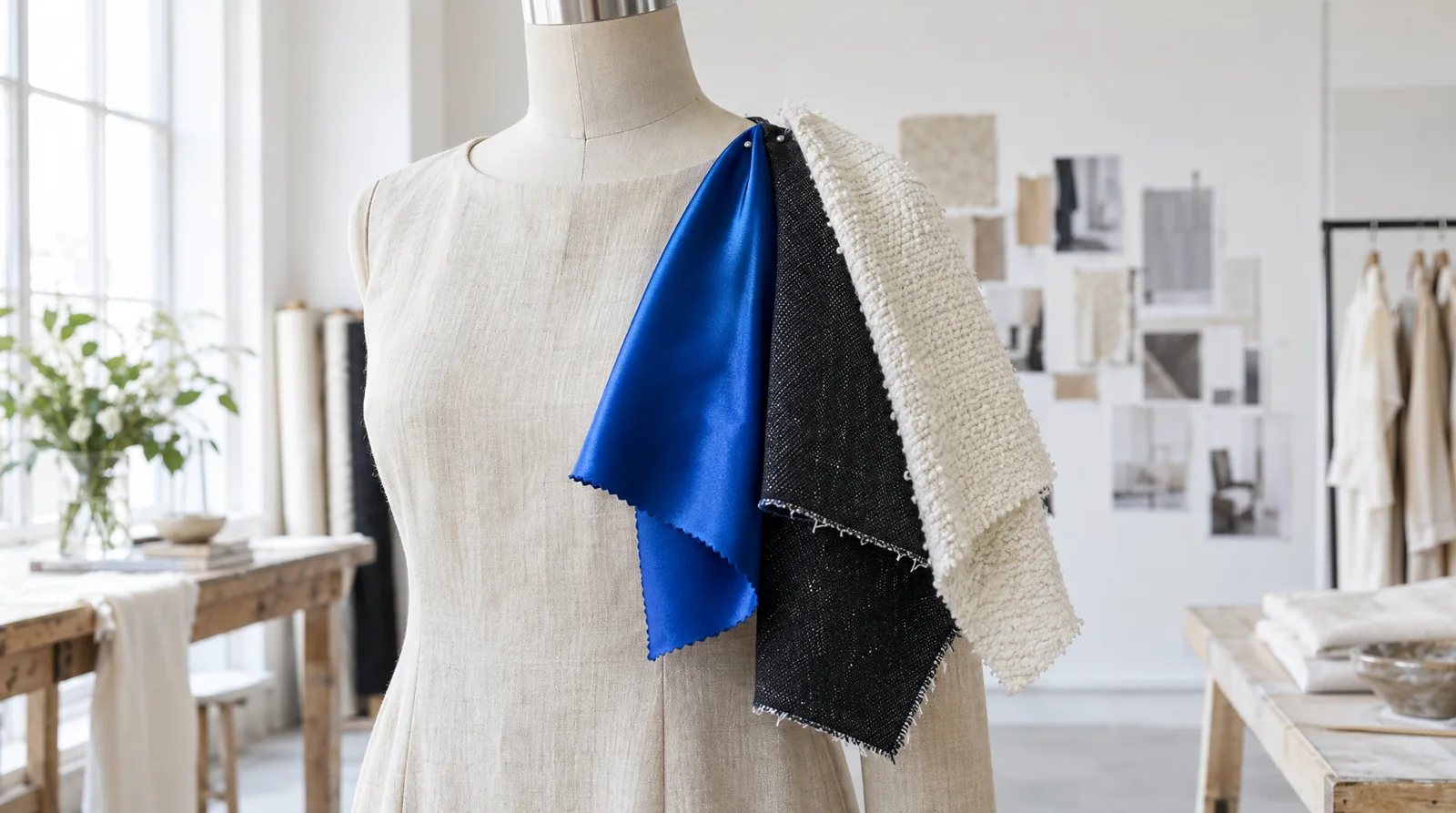 Three fabric swatches pinned to a linen dress on a dress form, cobalt satin, black denim and ivory bouclé