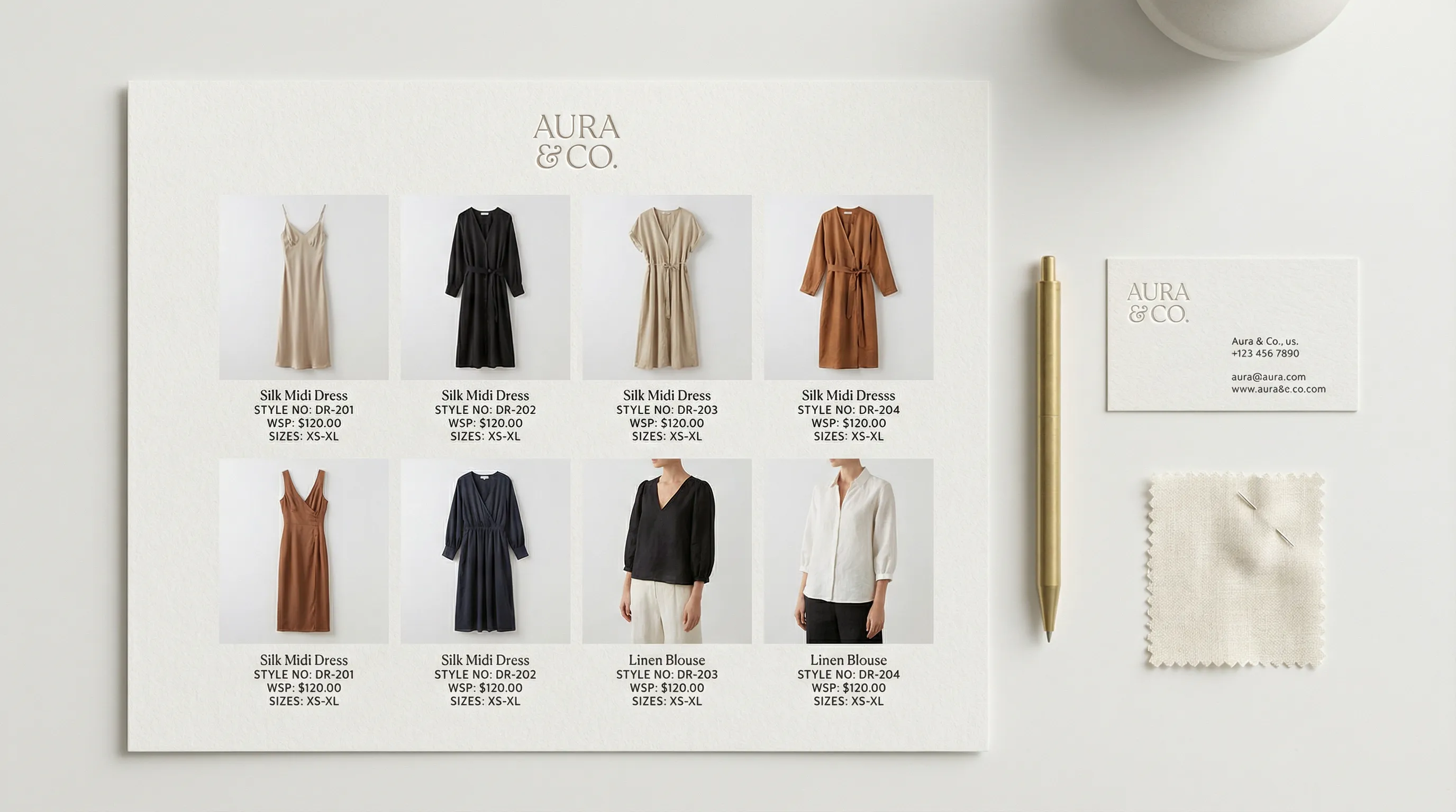 Professional fashion line sheet document on a desk showing product grid with wholesale pricing, style numbers, and clean product photography