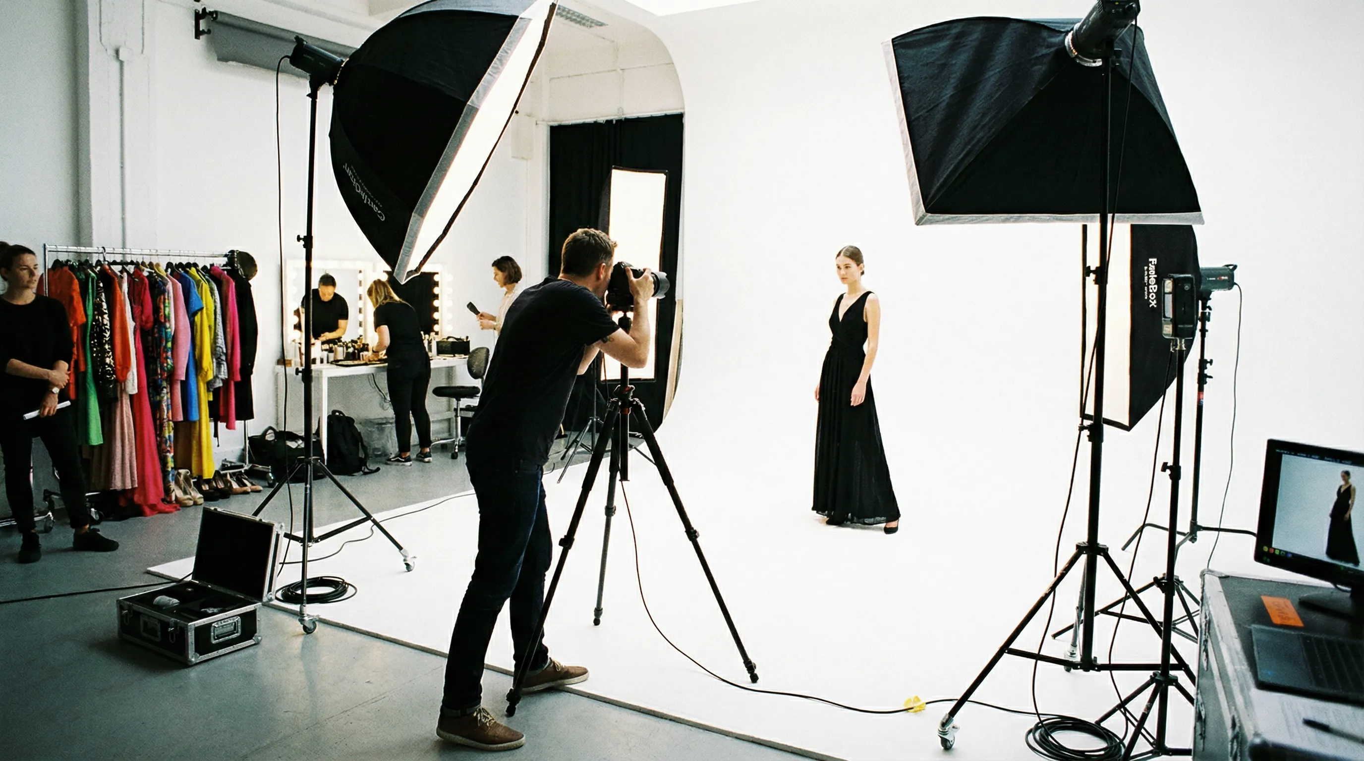 Behind the scenes of a professional fashion photoshoot with photographer, model, studio lights, and styling rack