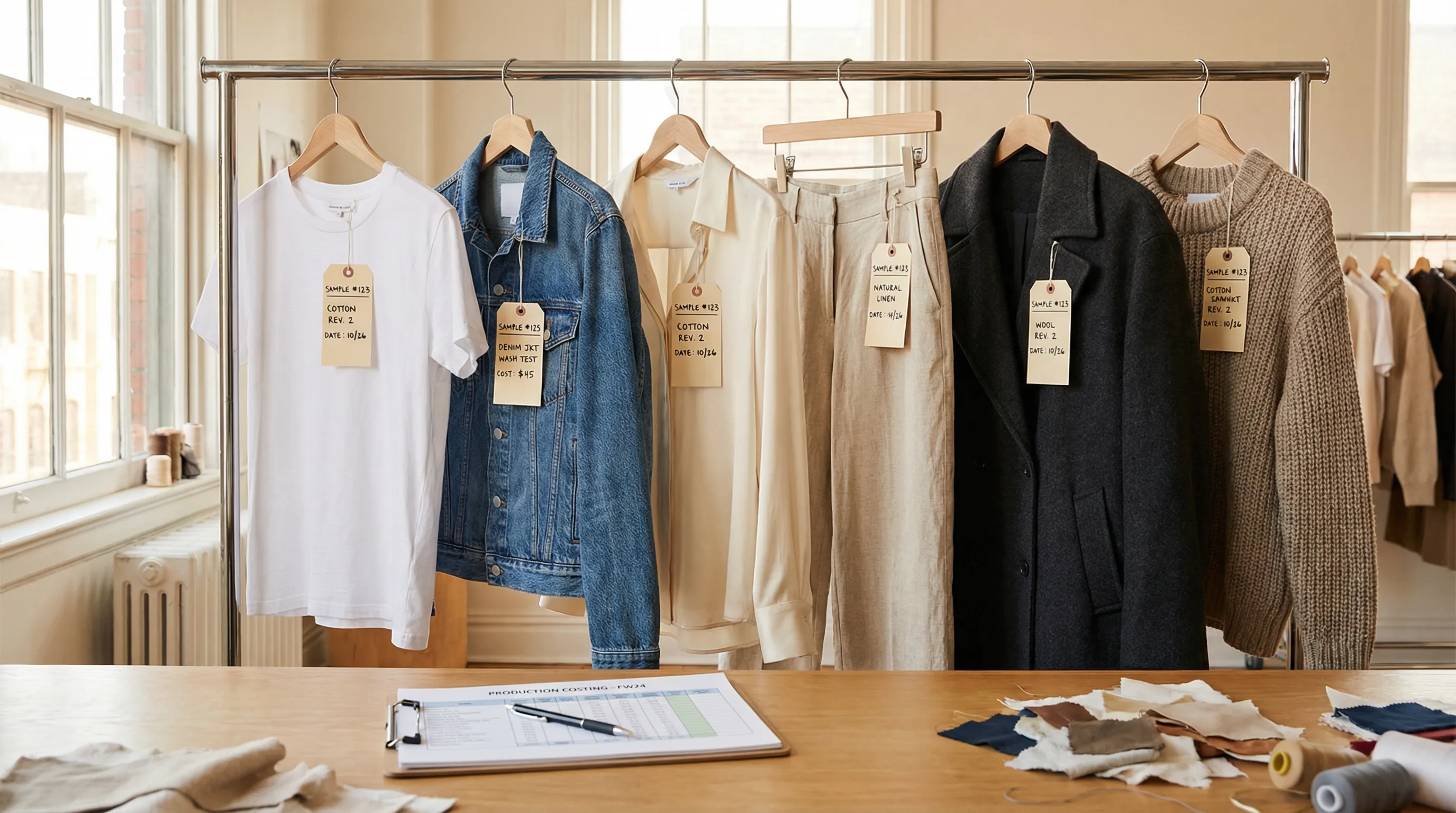 Physical fashion garment samples hanging on a rack with sample tags, measurement sheets, and fabric swatches