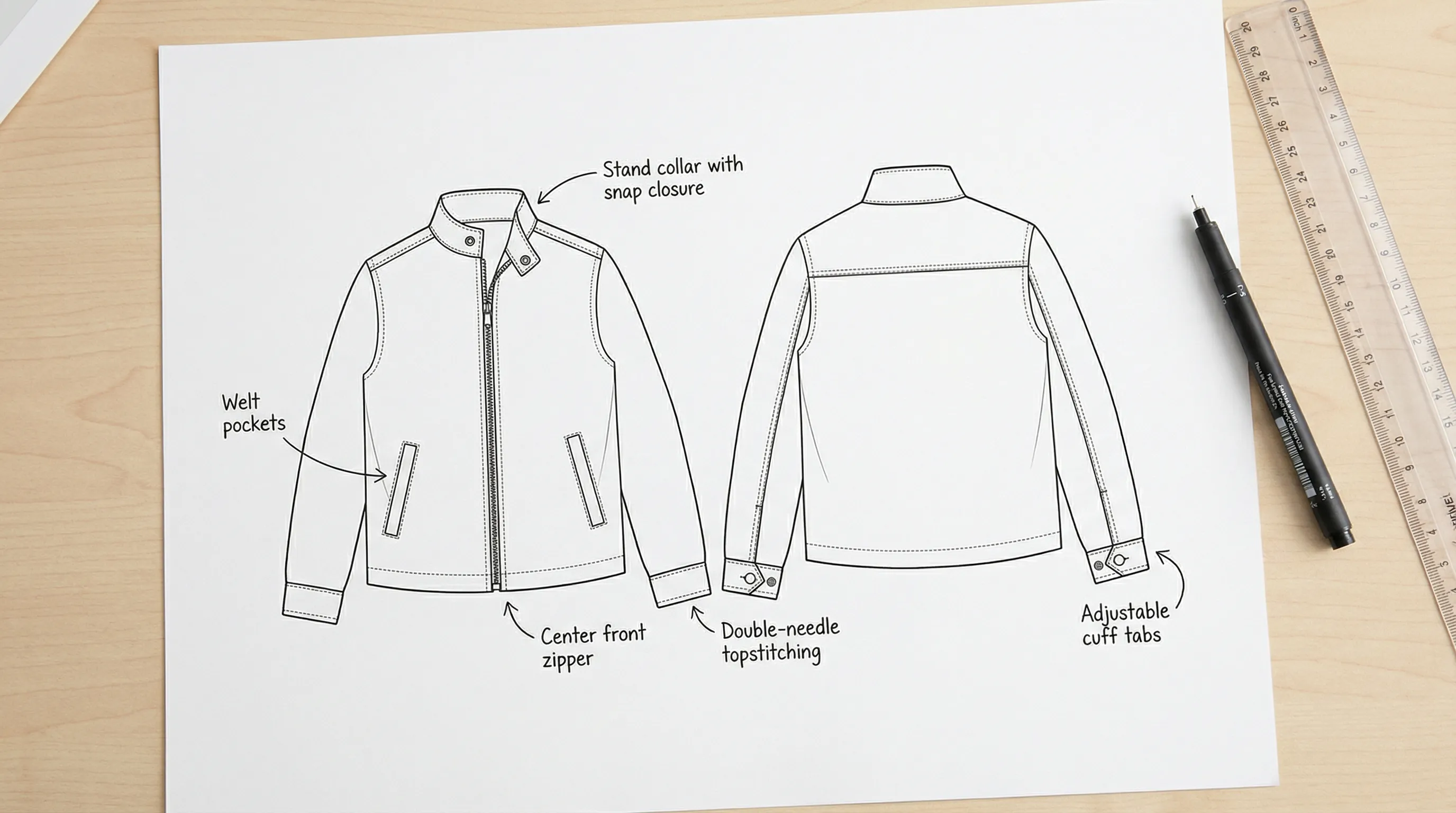Fashion flat sketch technical drawing of a jacket showing front and back views with construction callouts for seams, pockets, and closures
