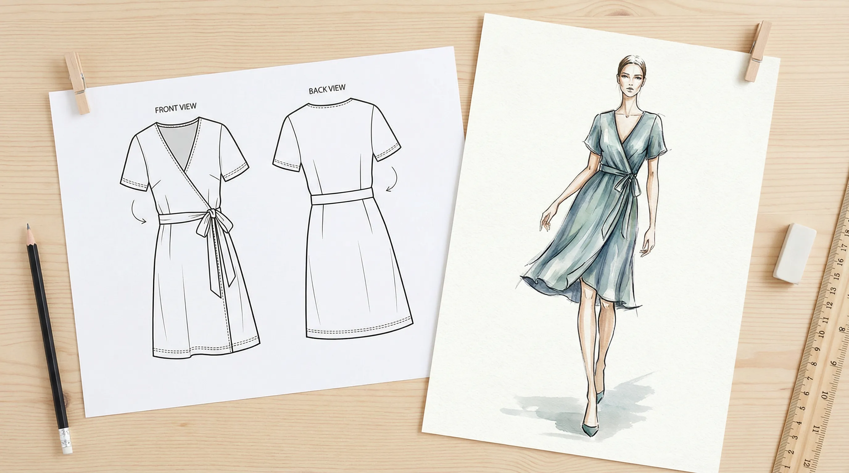 Side by side comparison of a technical flat sketch (2D line drawing) and a fashion illustration (stylized figure on a croquis) of the same dress