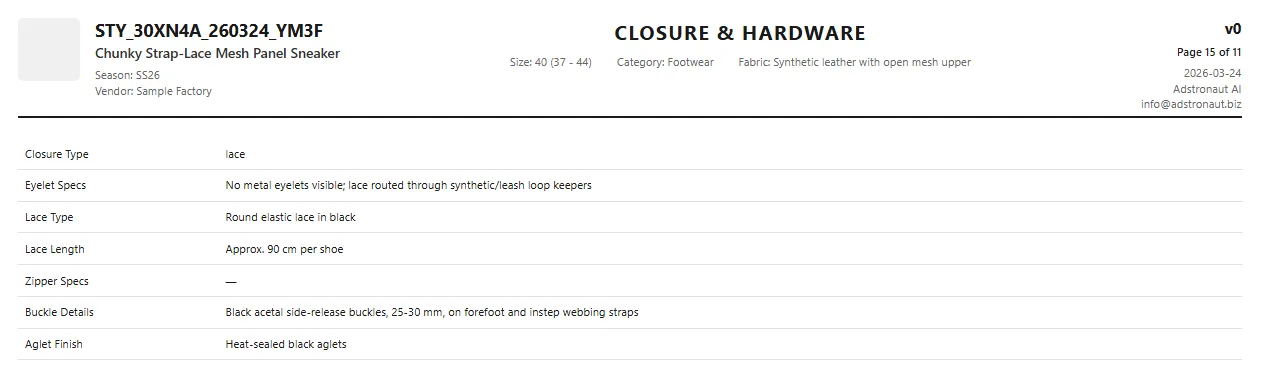 Closure and hardware specification table for a sneaker showing lace type, buckle details, and aglet finish