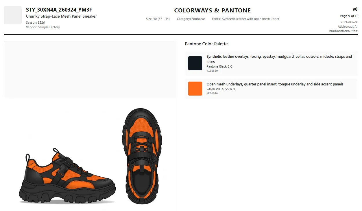Sneaker colorways and Pantone page showing black and orange color palette with Pantone Black 6 C and 1655 TCX