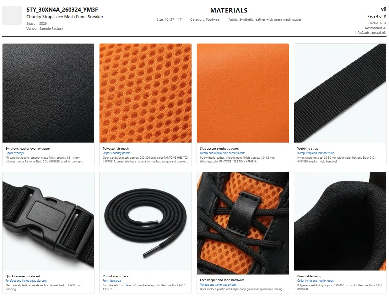 AI-generated material sample images for a sneaker tech pack showing leather, mesh, buckles, laces, and lining