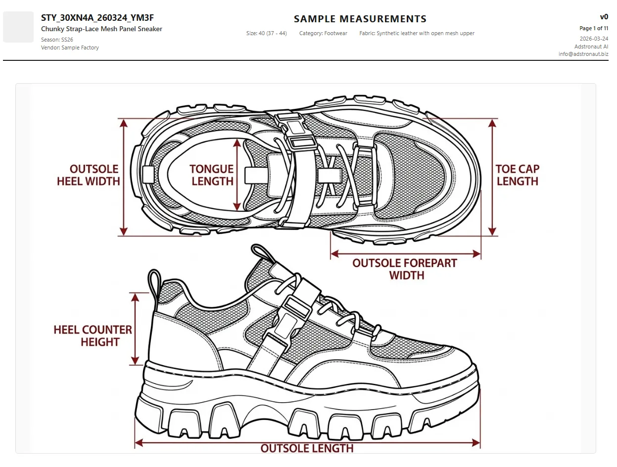 AI-generated footwear tech pack showing lateral and top view with measurement annotations for a chunky sneaker