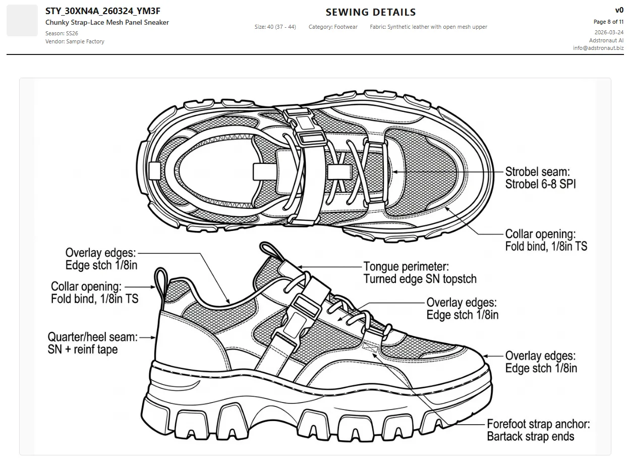Footwear construction callout diagram showing strobel seam, overlay edges, collar opening, and strap anchor details