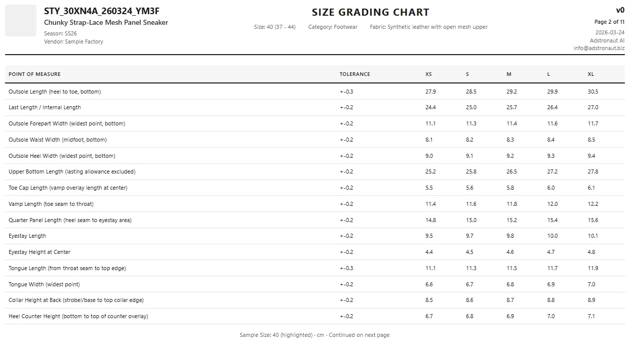 Footwear size grading chart showing EU sizes 37-44 with 16 measurement points including outsole length and vamp length