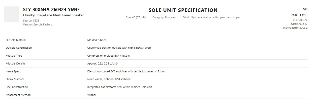 Sole unit specification page showing outsole material, midsole density, insole specs, and strobel attachment method