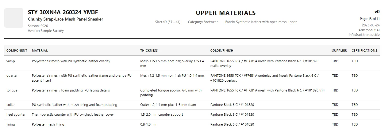 Upper materials specification table for a sneaker showing vamp, quarter, tongue, collar, heel counter, and lining components