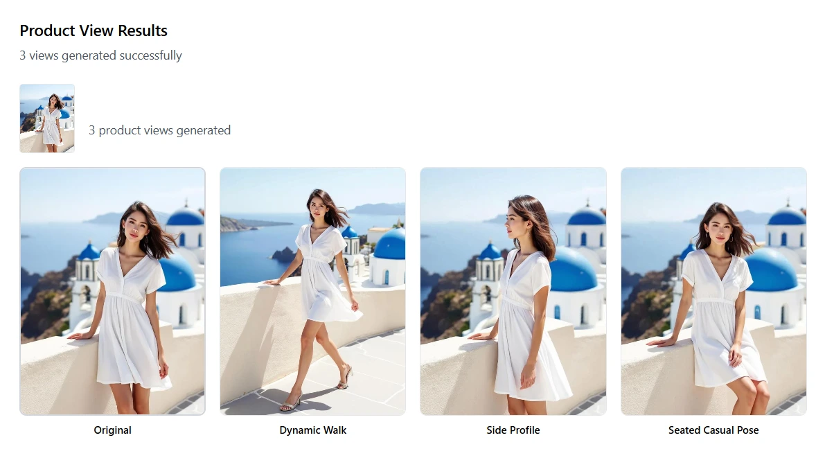 A collage of high-quality, photorealistic fashion photoshoot images created using Adstronaut AI, featuring different models and locations