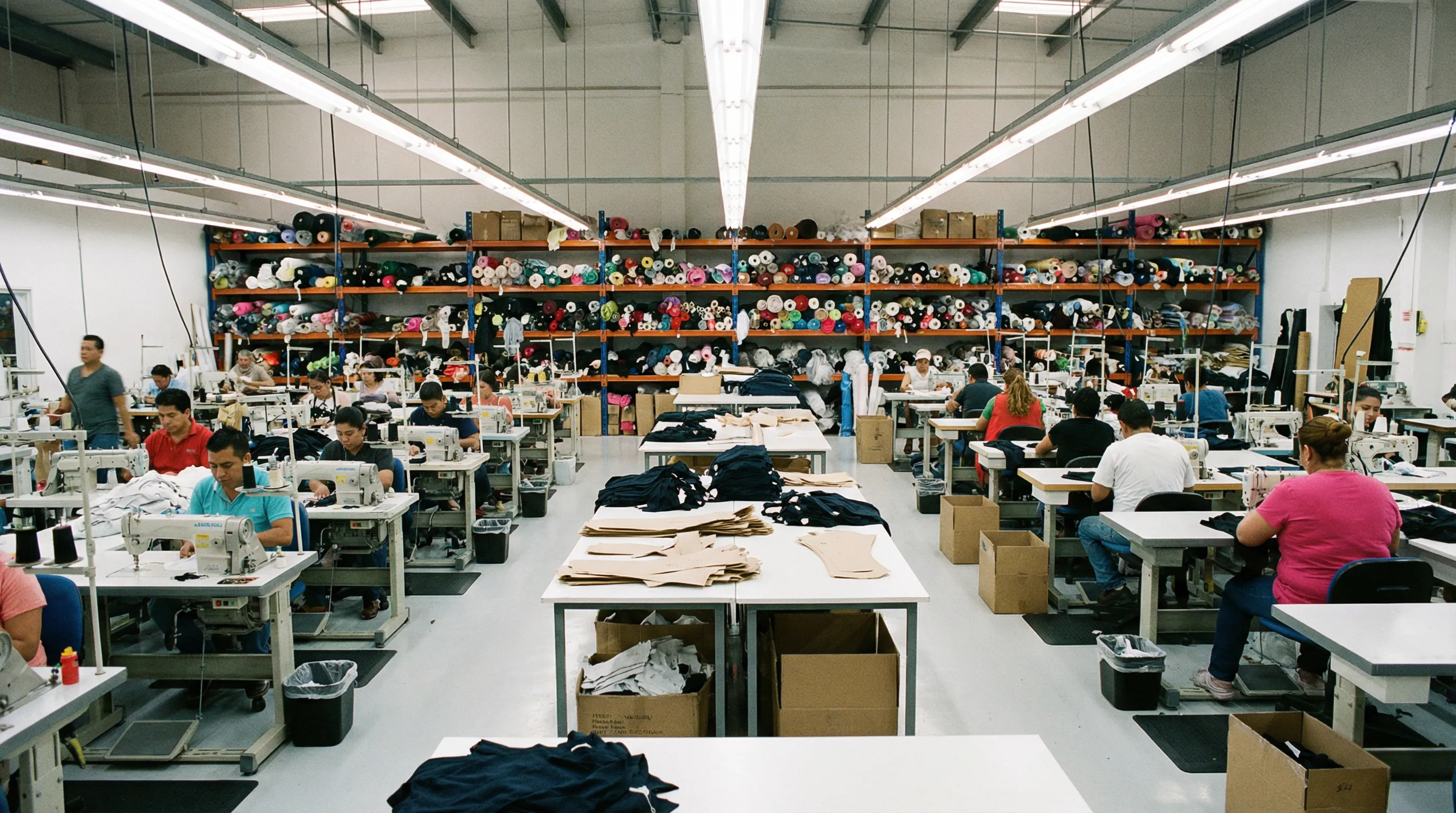 Inside a garment manufacturing factory with rows of industrial sewing machines, workers, and fabric rolls on shelves
