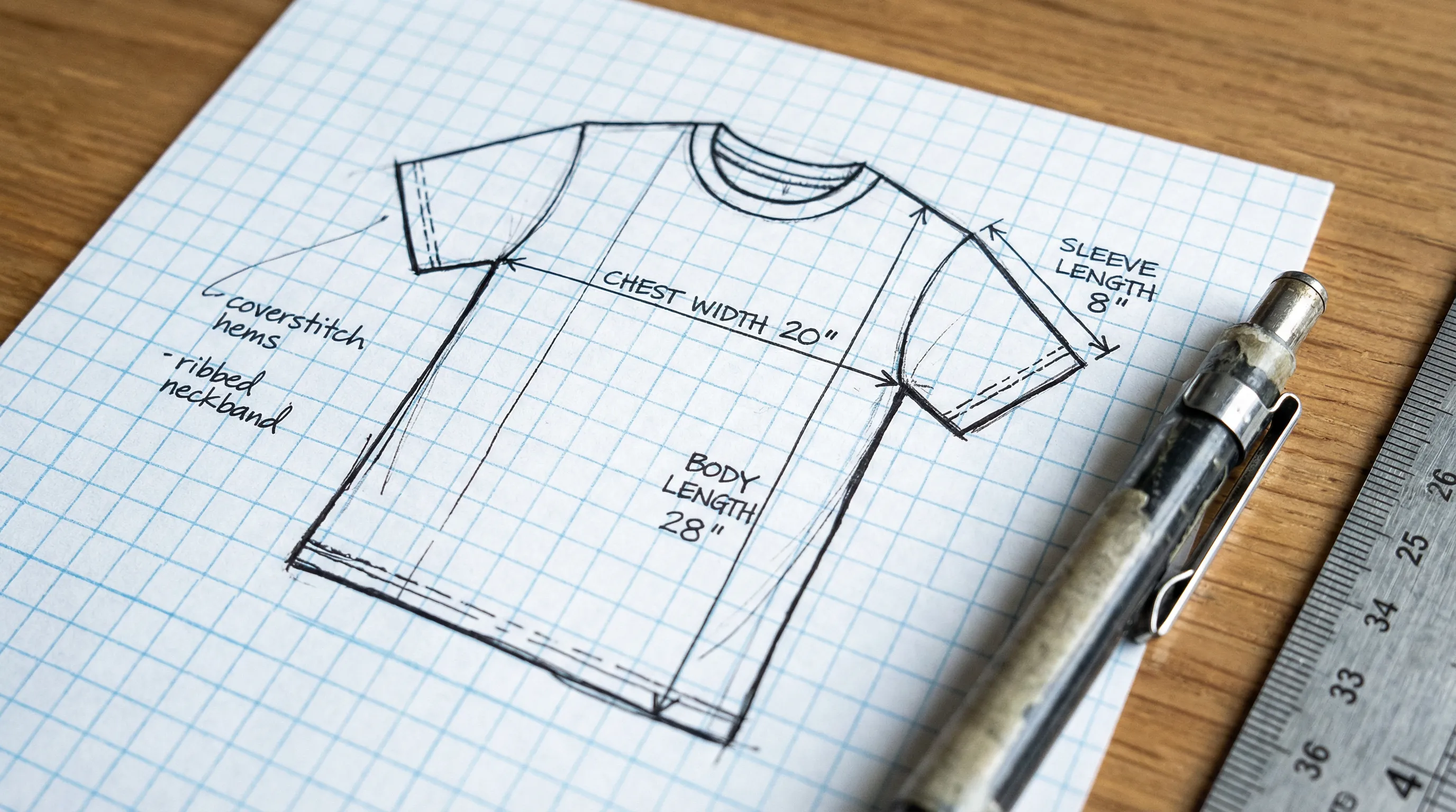 Hand-drawn technical flat sketch of a t-shirt on graph paper with precise measurement annotations and construction notes