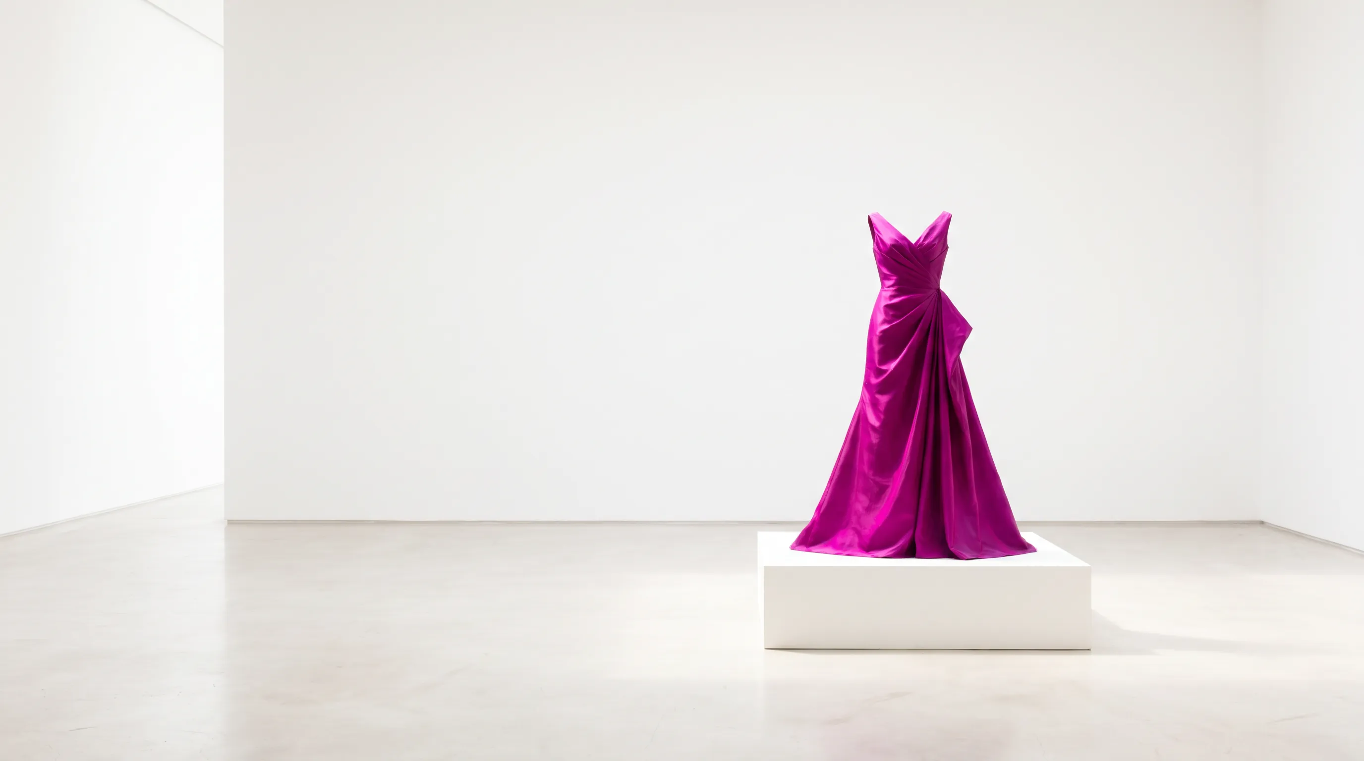 Sculptural garment on a plinth in a gallery-lit atelier, editorial hero image representing the fashion production timeline